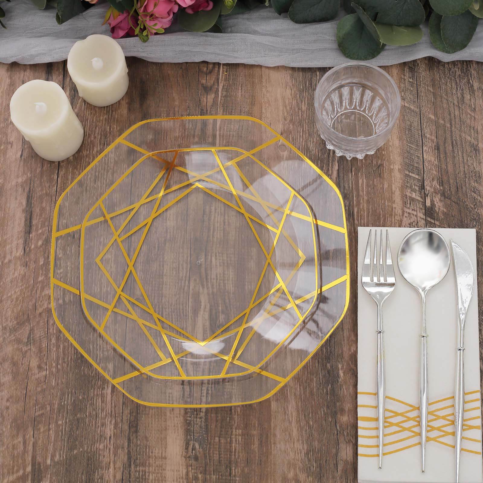 10-Pack Plastic 8" Octagon Dessert Plates in Clear - Modern Disposable Salad/Appetizer Plates with Gold Geometric Design for Special Occasions & Celebrations