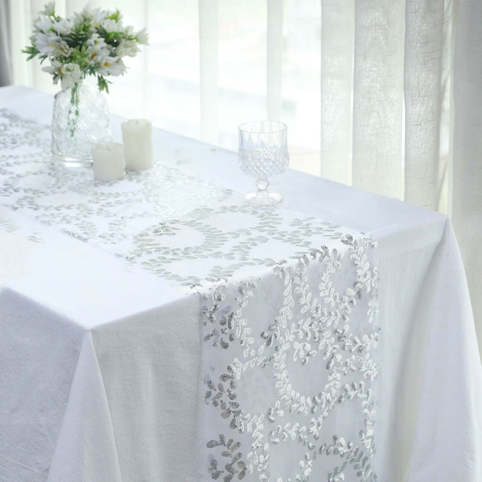 Mesh 12"x108" Table Runner Silver - Leaf Vine Embroidery
