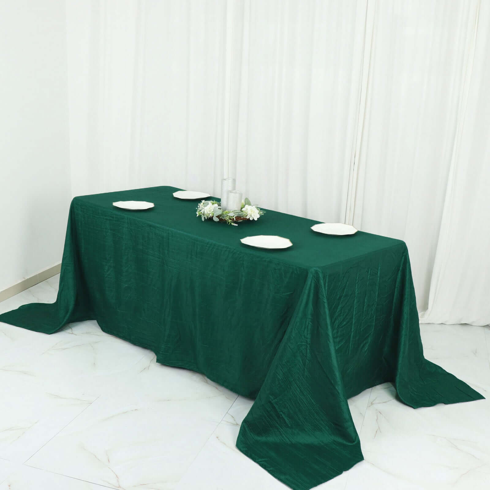 Taffeta 90"x132" Rectangle Tablecloth Hunter Emerald Green - Seamless Accordion Crinkle Table Cover