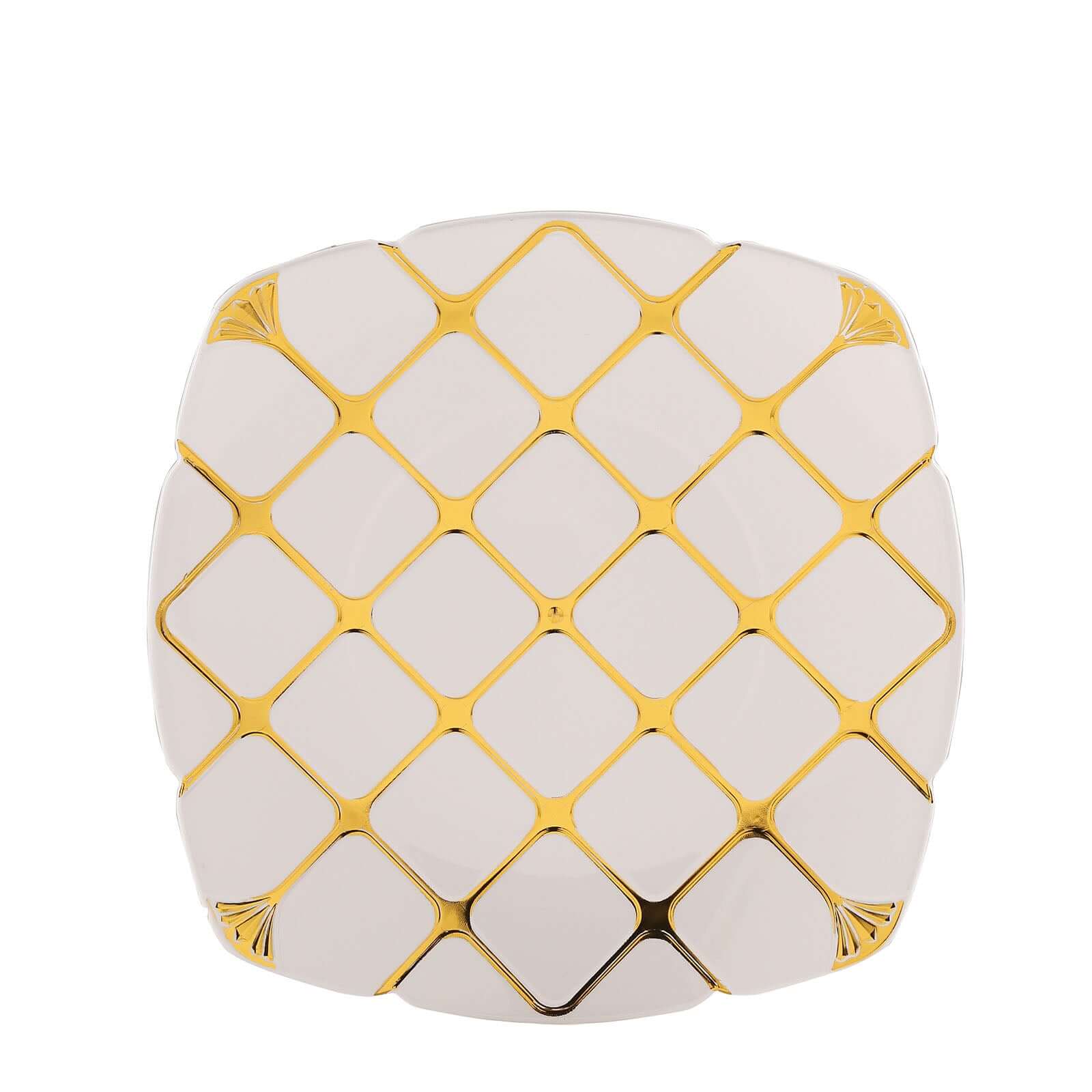 10-Pack Plastic 10" Square Dinner Plates in White with Gold Diamond Lattice Pattern - Disposable Party Plates for Weddings, Banquets & Special Events