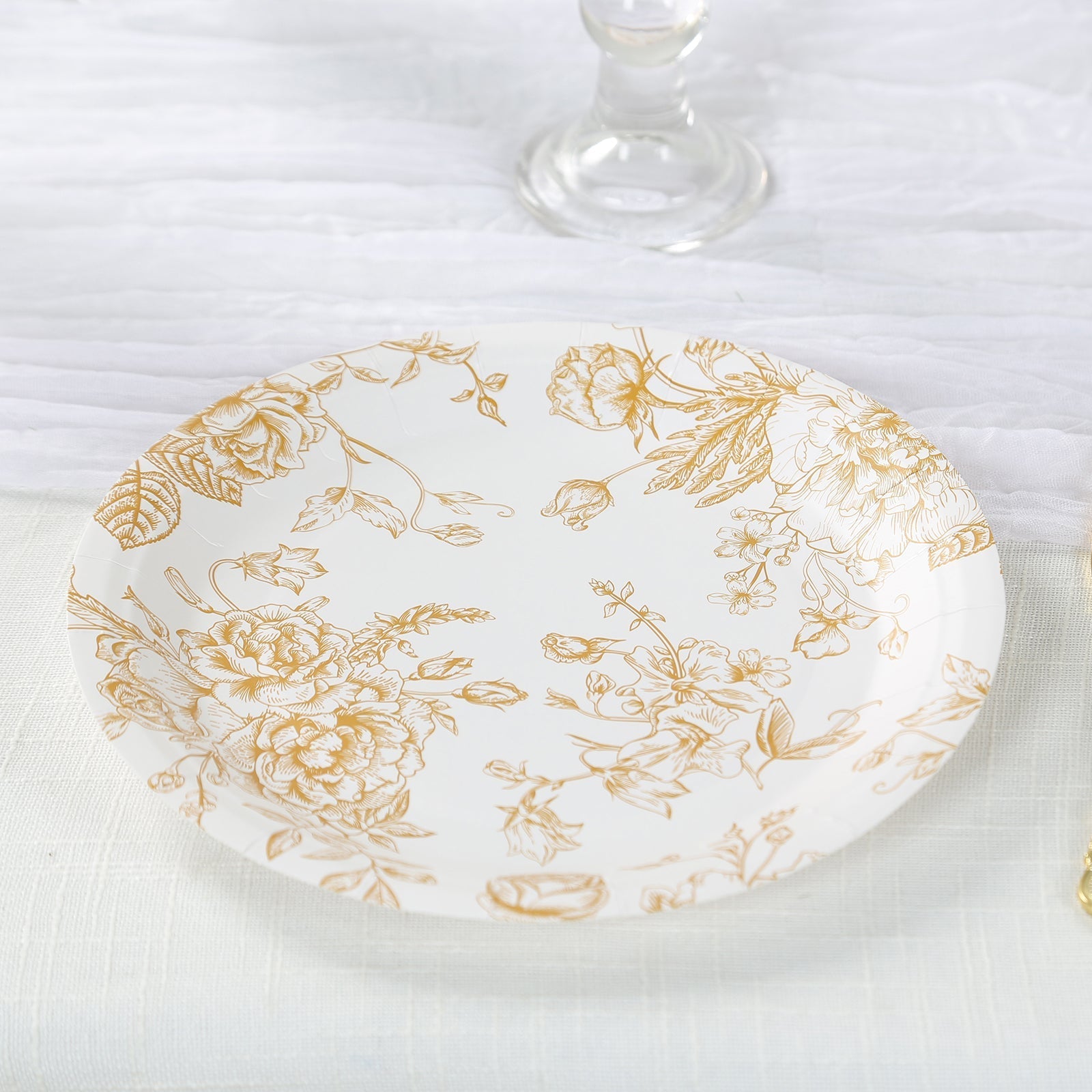 25-Pack Paper 9" Round Dinner Plates in White with Gold French Toile Pattern - Disposable Floral Party Plates for Stylish Events