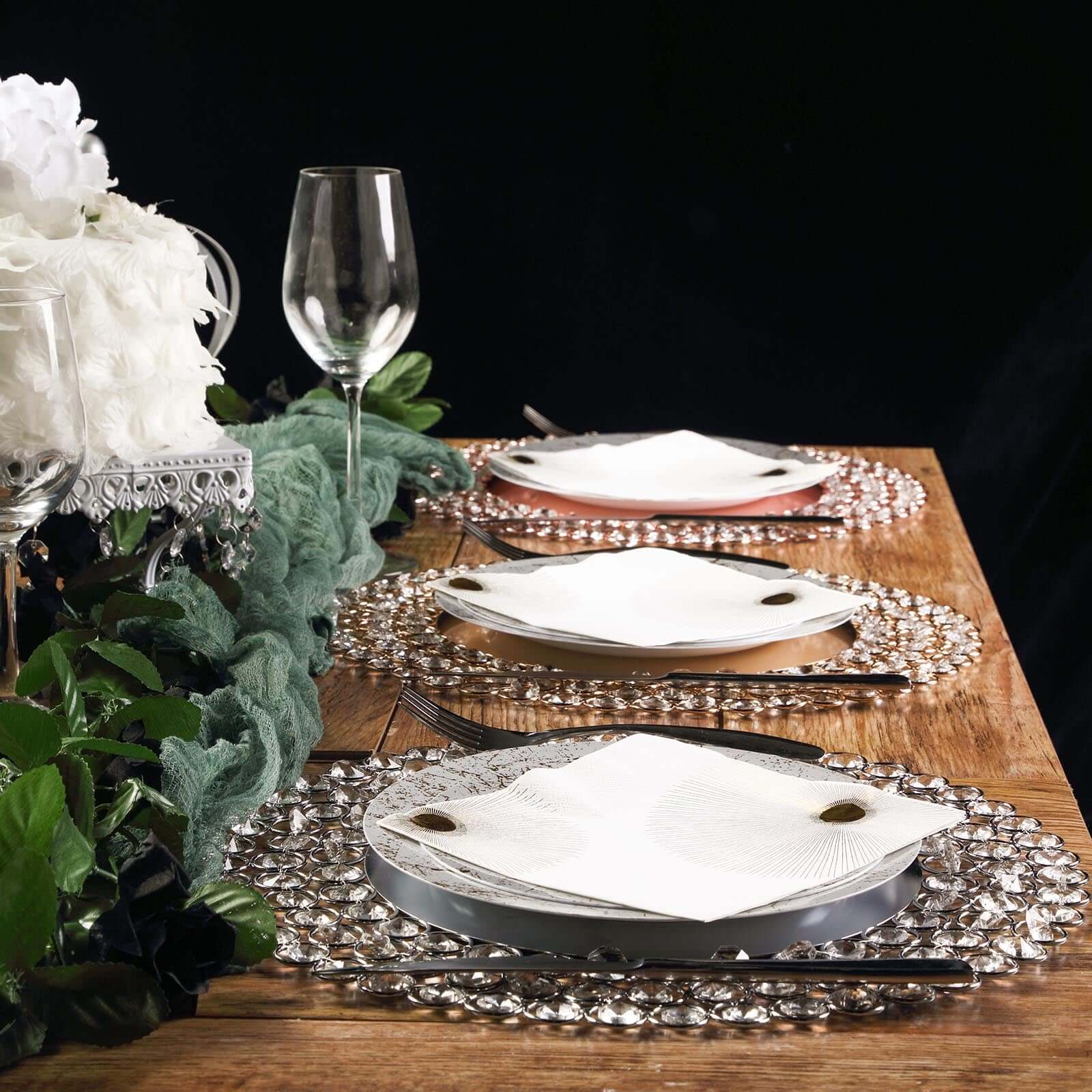 Wired Metal Round Charger Plate 14" in Rose Gold with Acrylic Crystal Beads, Glamorous Decorative Dinner Charger Tableware