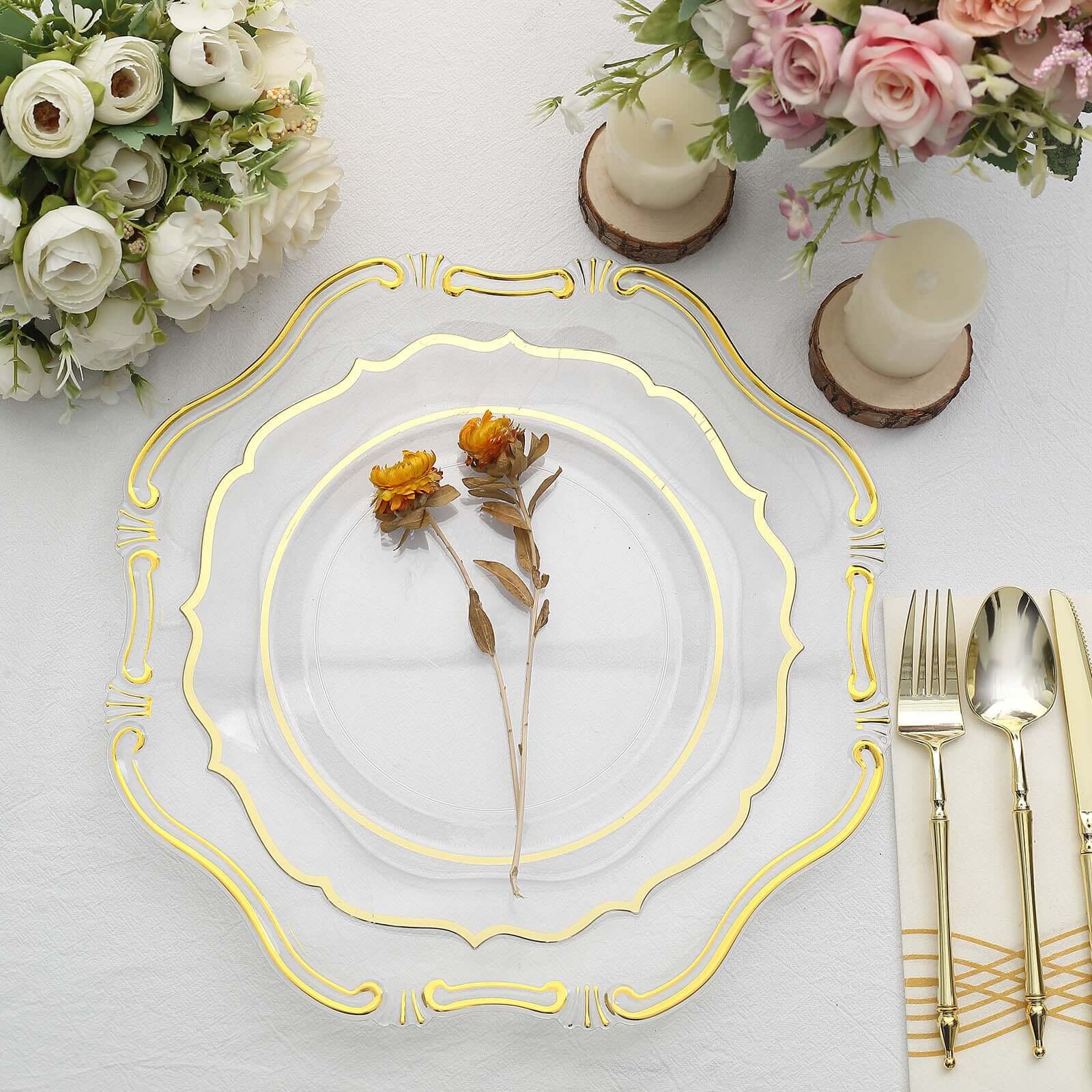 6-Pack Acrylic Plastic Hexagon Charger Plates 13" in Clear with Gold Baroque Scalloped Rim, Exquisite Dinner Serving Plates