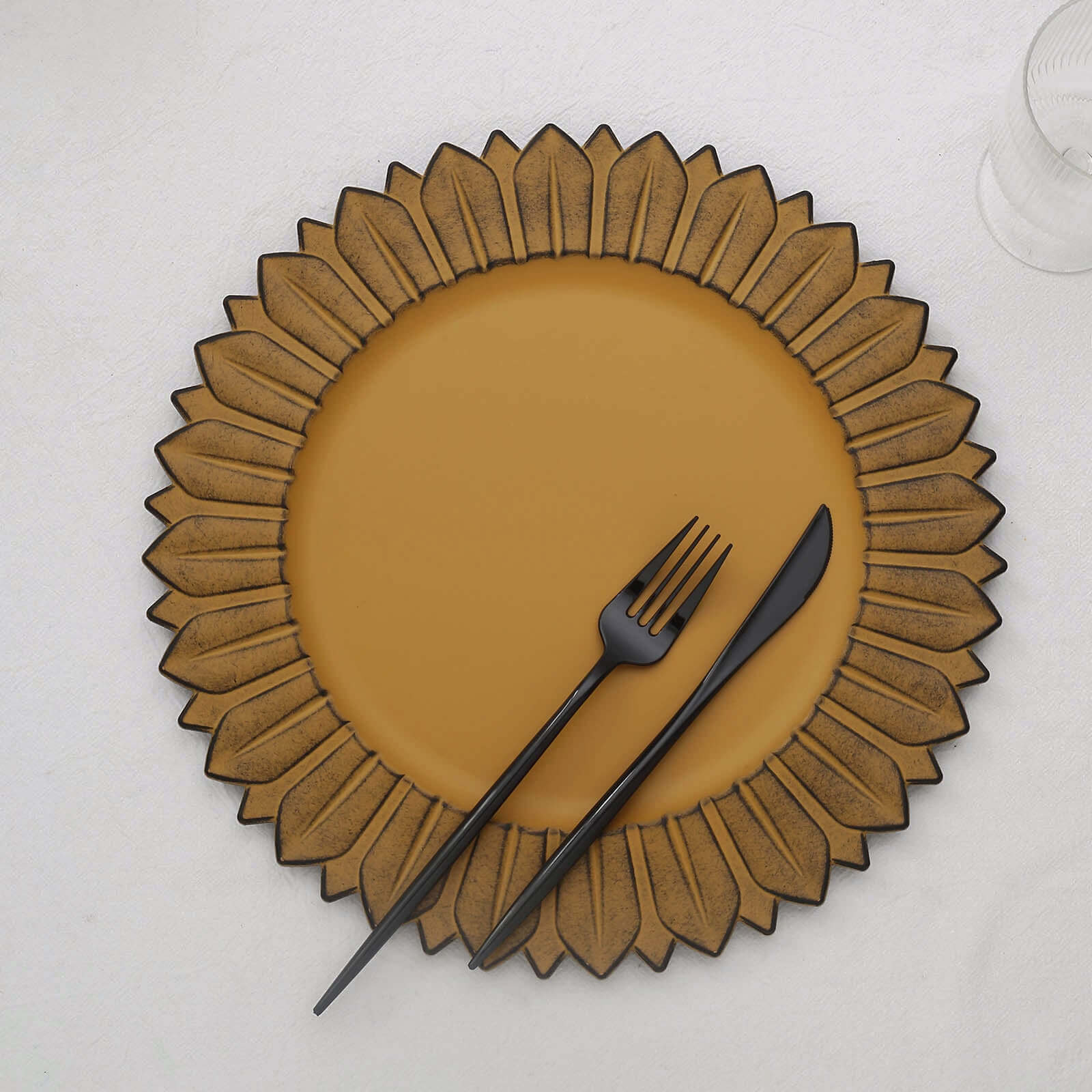 6-Pack Plastic Round Charger Plates 13" in Mustard Yellow with Sunflower Rim, Matte Finish Disposable Dinner Charger Tableware