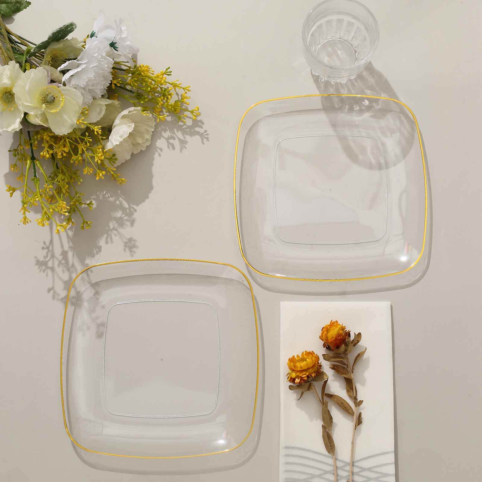 10-Pack Plastic 7" Square Dessert Plates in Clear with Gold Rim - Classy Disposable Appetizer Salad Plates