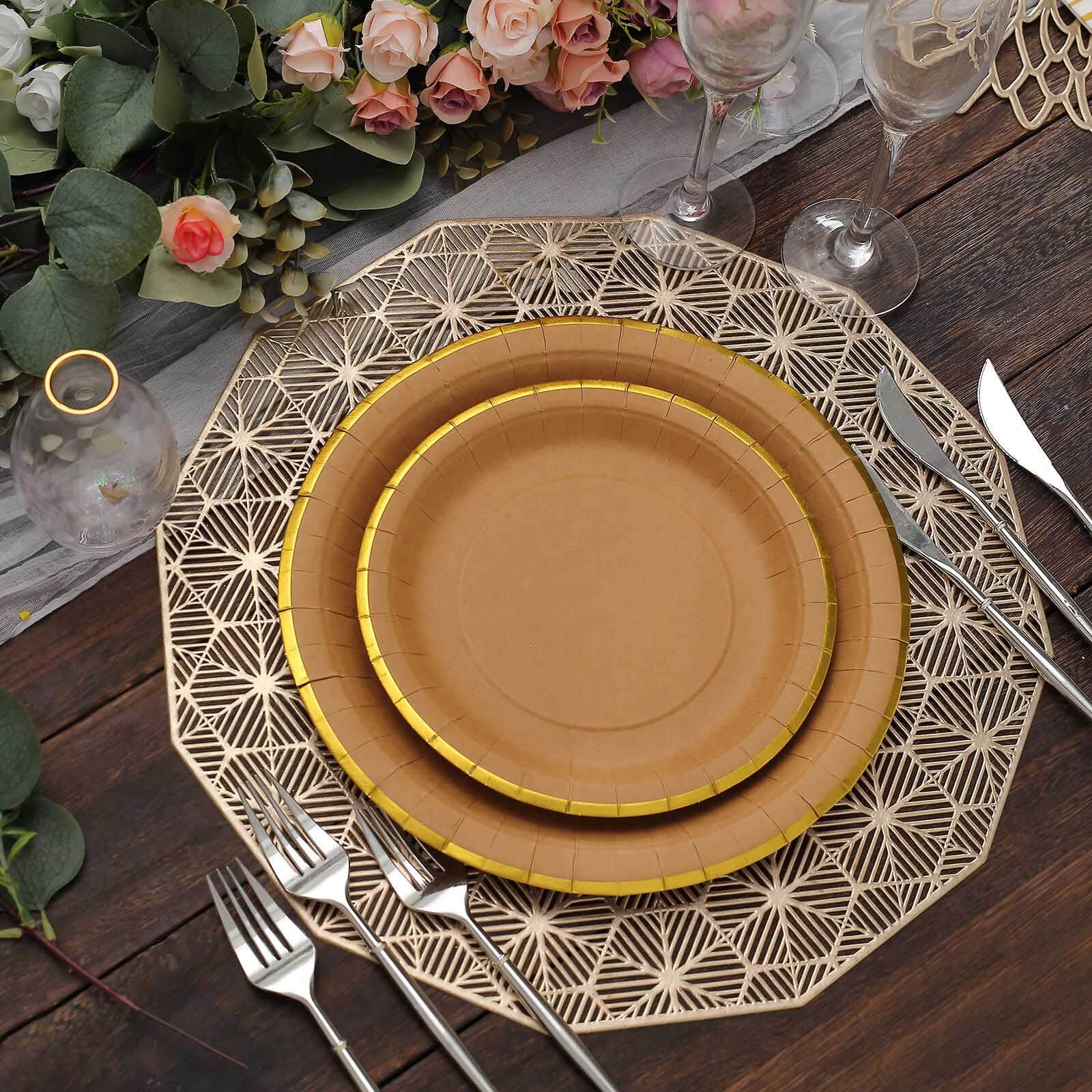 25-Pack Kraft Paper 8" Round Dessert Plates in Natural Brown with Gold Lined Rim - Disposable Salad Appetizer Plates for Rustic & Vintage Inspired Events