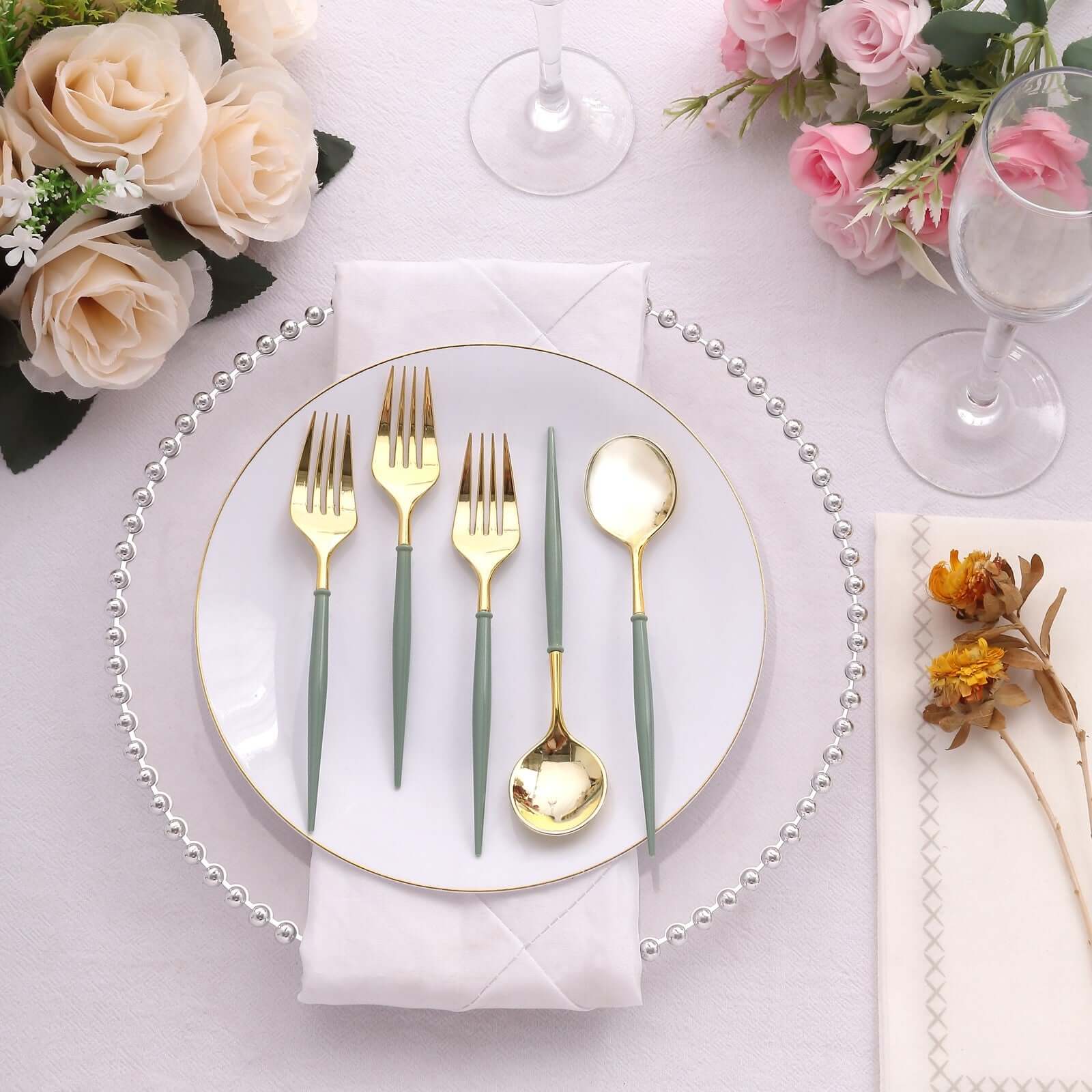 24-Pack Plastic Fork and Spoon Set Metallic Gold/Dusty Sage Green - Heavy Duty Disposable Modern Utensils 6"