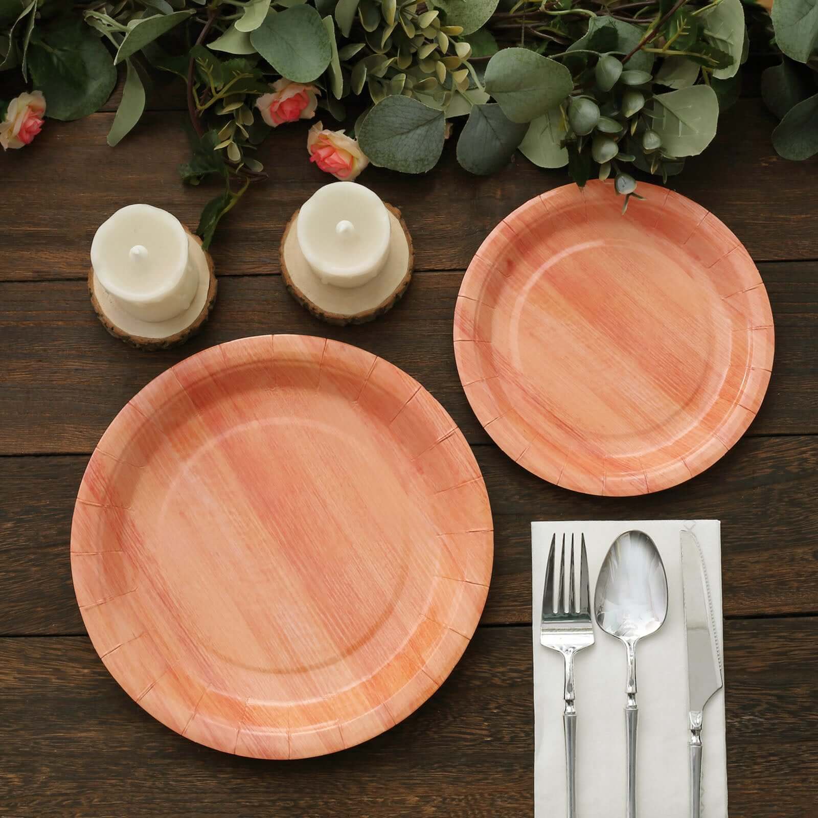 25-Pack Paper 10" Round Dinner Plates Natural Wood Grain Print - Rustic & Nature-Inspired Disposable Party Plates