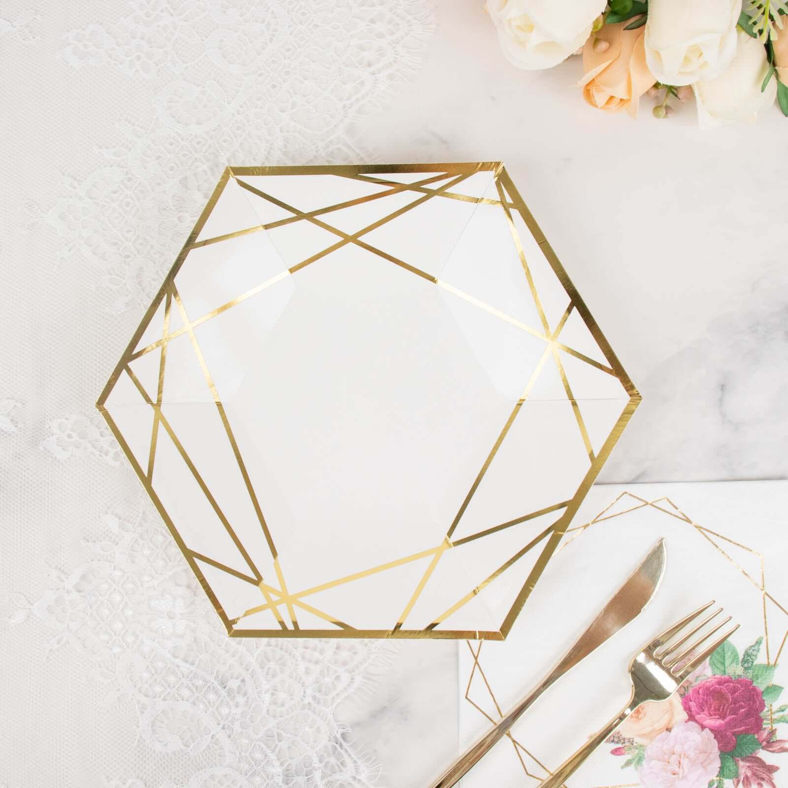 25-Pack Paper 9" Hexagon Dinner Plates in White with Gold Geometric Lines & Rim
