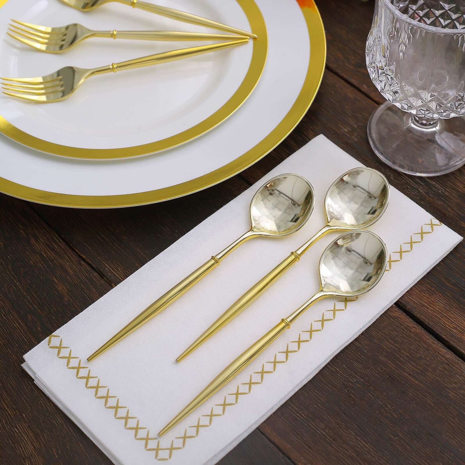 24-Pack Plastic Fork and Spoon Set Metallic Gold - Heavy Duty Disposable Modern Utensils 6"