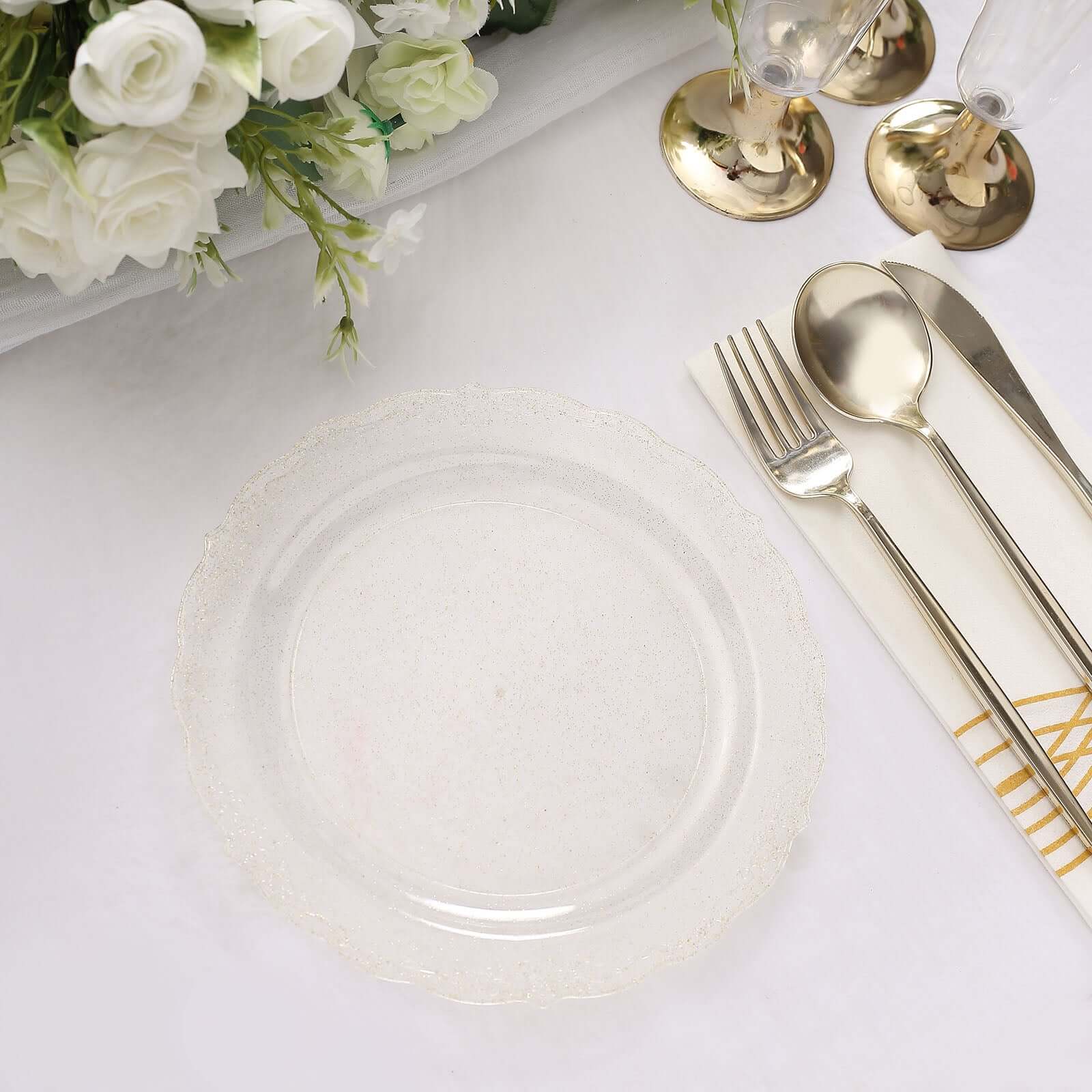 12-Pack Plastic 7" Round Salad Plates Clear with Gold Glitters & Floral Edge