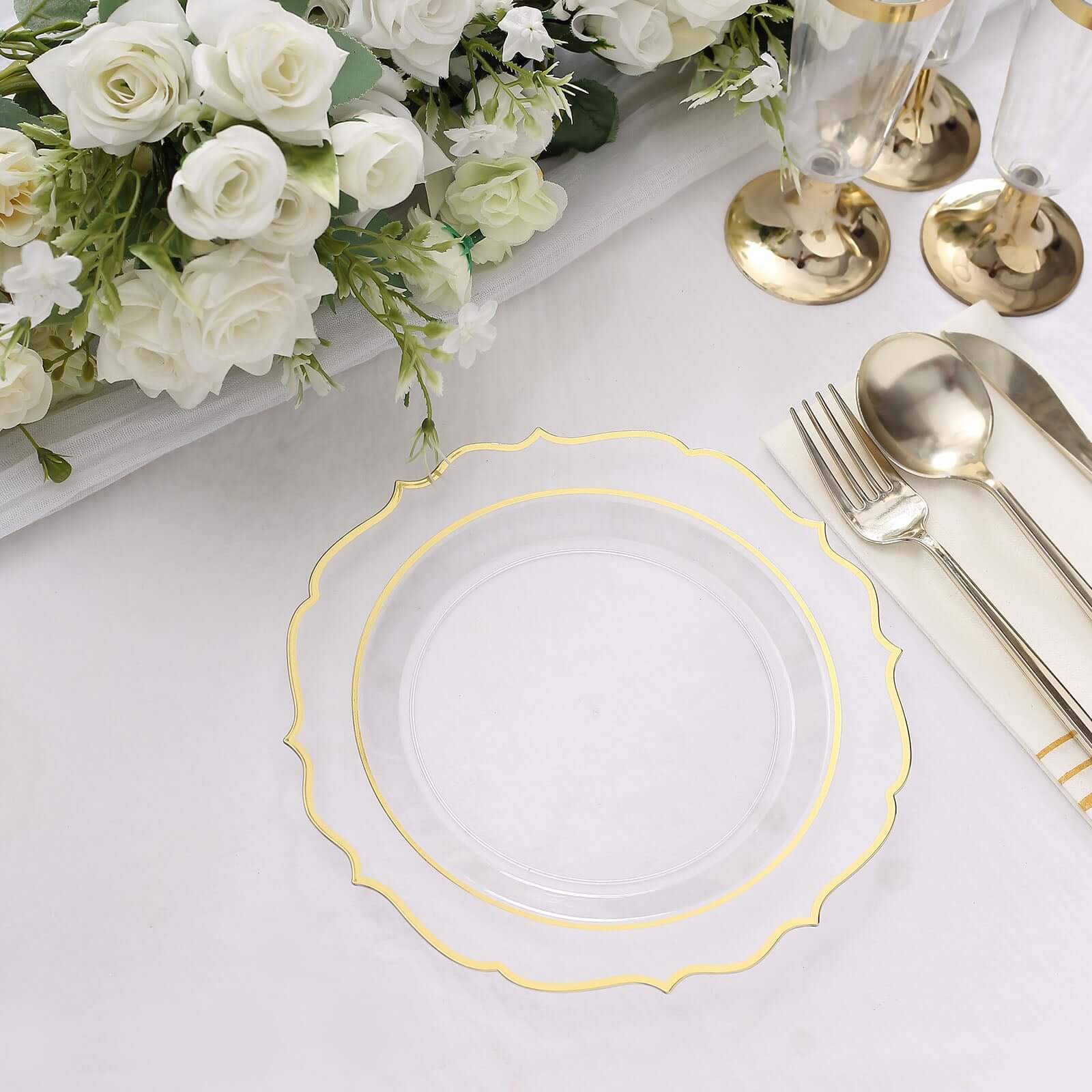 10-Pack Plastic 8" Round Dessert Plates in Clear with Gold Scalloped Rim - Disposable Appetizer/Salad Plates