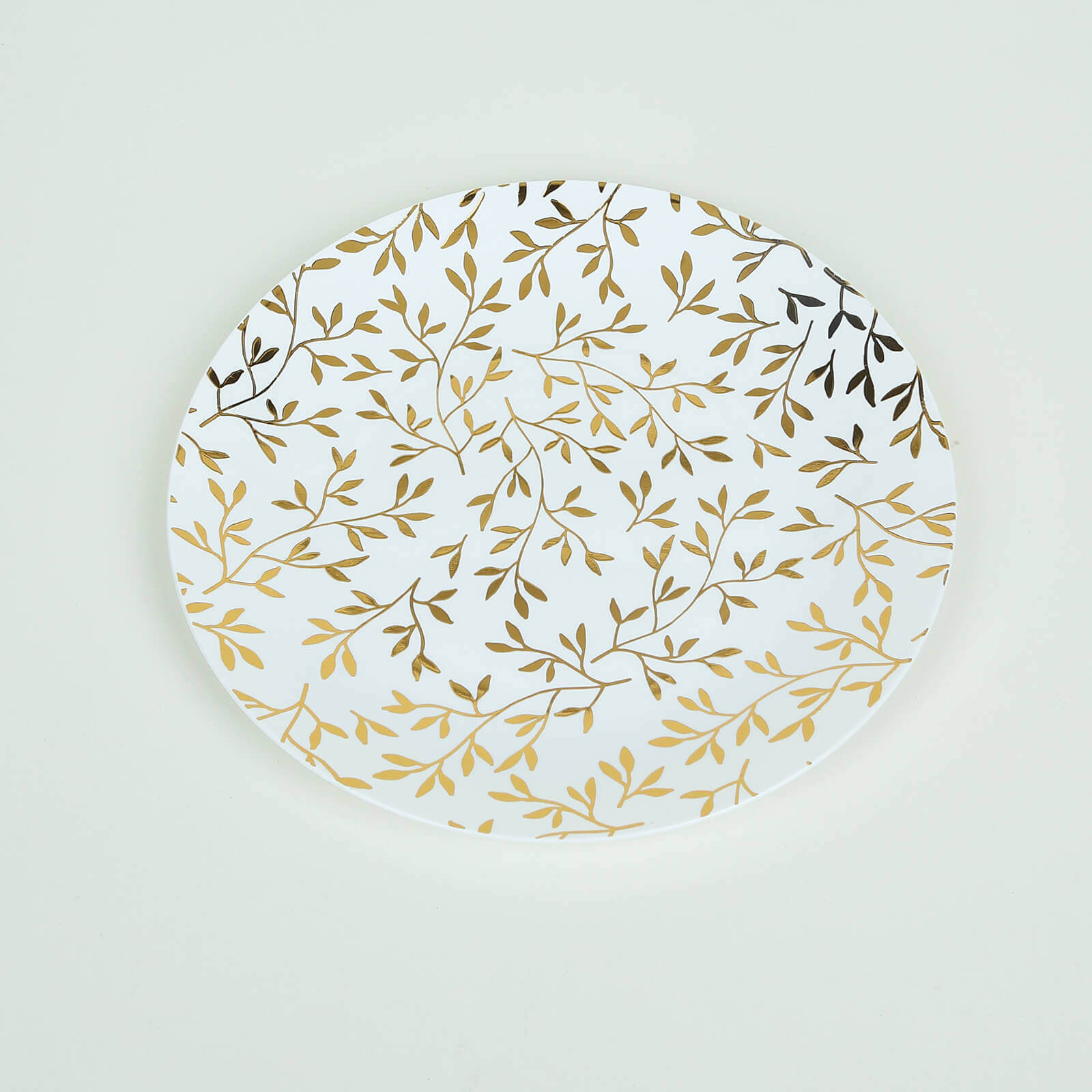 10-Pack Plastic 8" Round Salad Dessert Plates in White with Gold Leaf Design - Heavy Duty Disposable Party Plates for Stylish Events & Memorable Gatherings