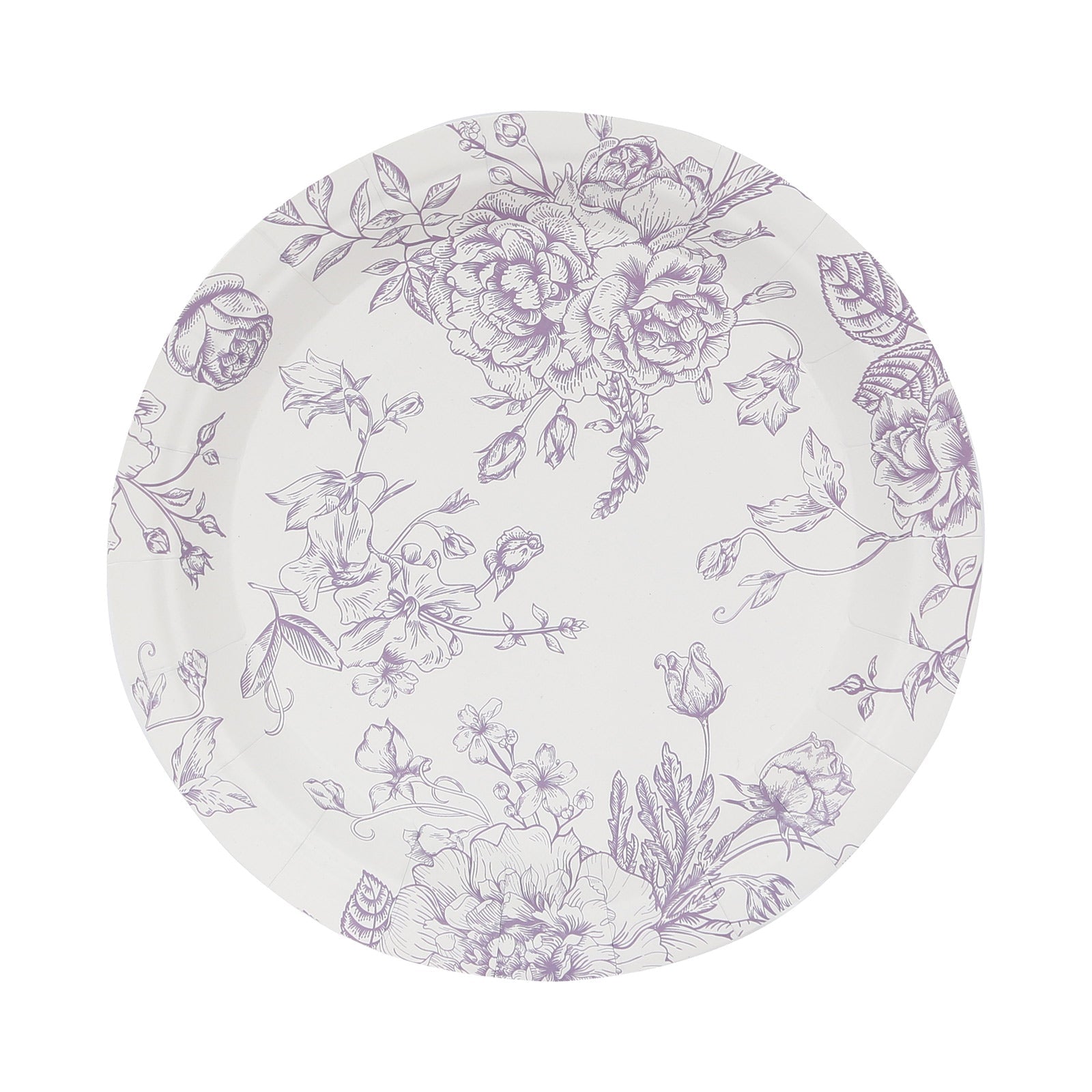25-Pack Paper 7" Round Dessert Plates in White with Matte Lavender French Toile Pattern - Disposable Floral Salad Appetizer Plates