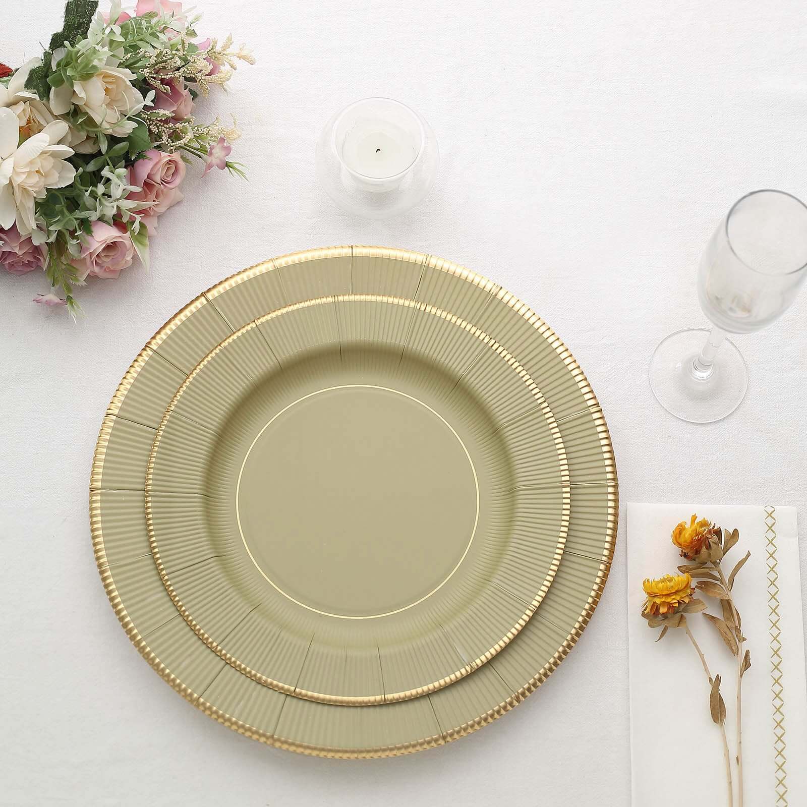 25-Pack Disposable Round Charger Plates in Khaki Sunray Design with Gold Rim - 350GSM Heavy Duty Paper Chargers 13"
