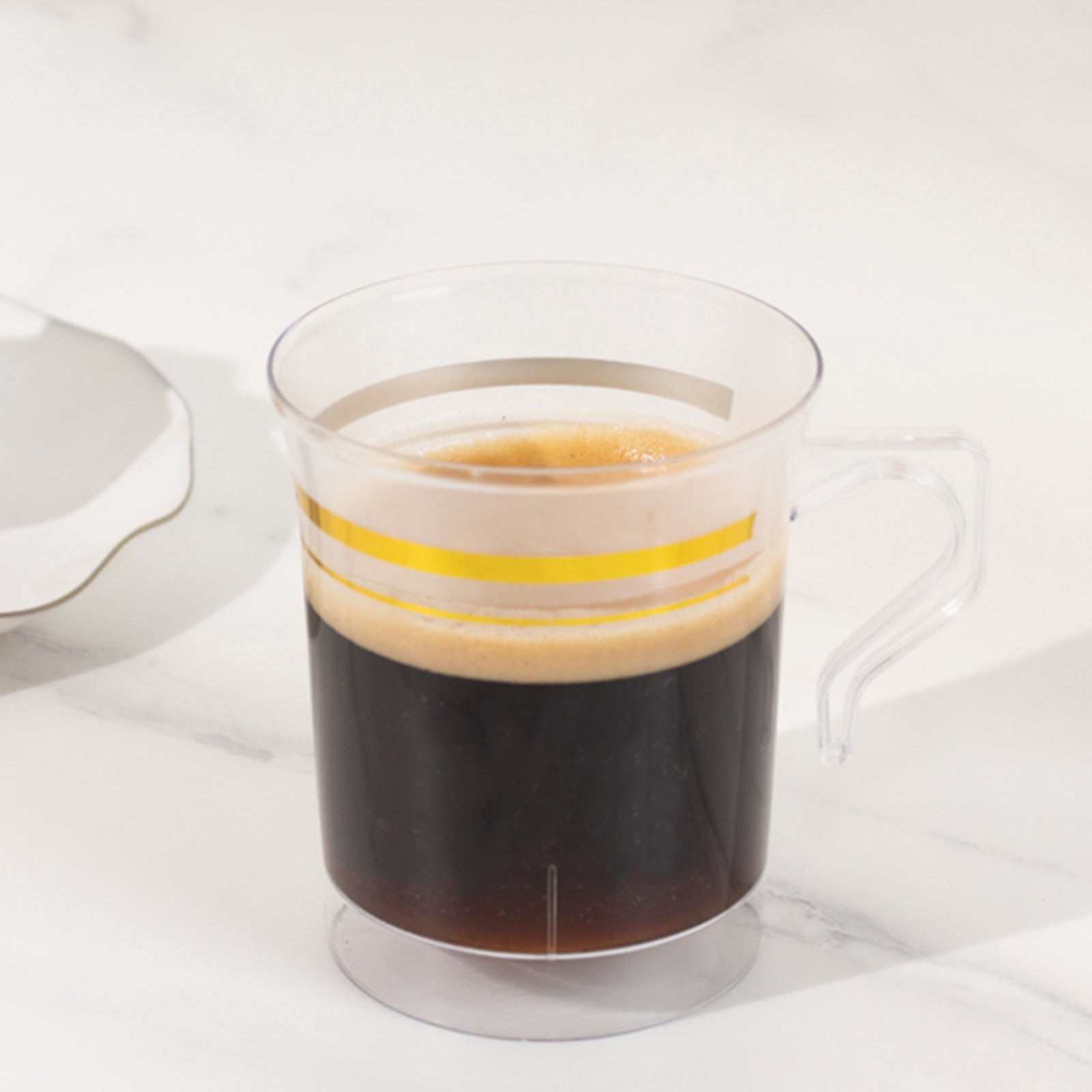 8-Pack Plastic Coffee Mugs Clear with Gold Stripes - Sturdy Disposable Cups for Coffee and Tea 8oz 3.5"