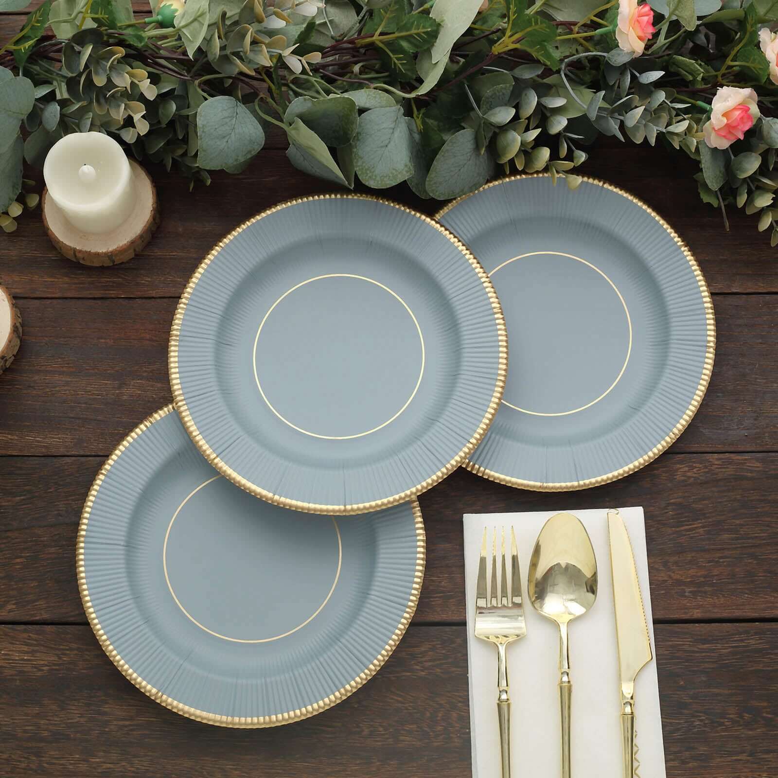25-Pack Paper 8" Round Dessert Plates in Dusty Blue Sunray Design with Gold Rim - Disposable Heavy Duty 350GSM Appetizer Salad Plates