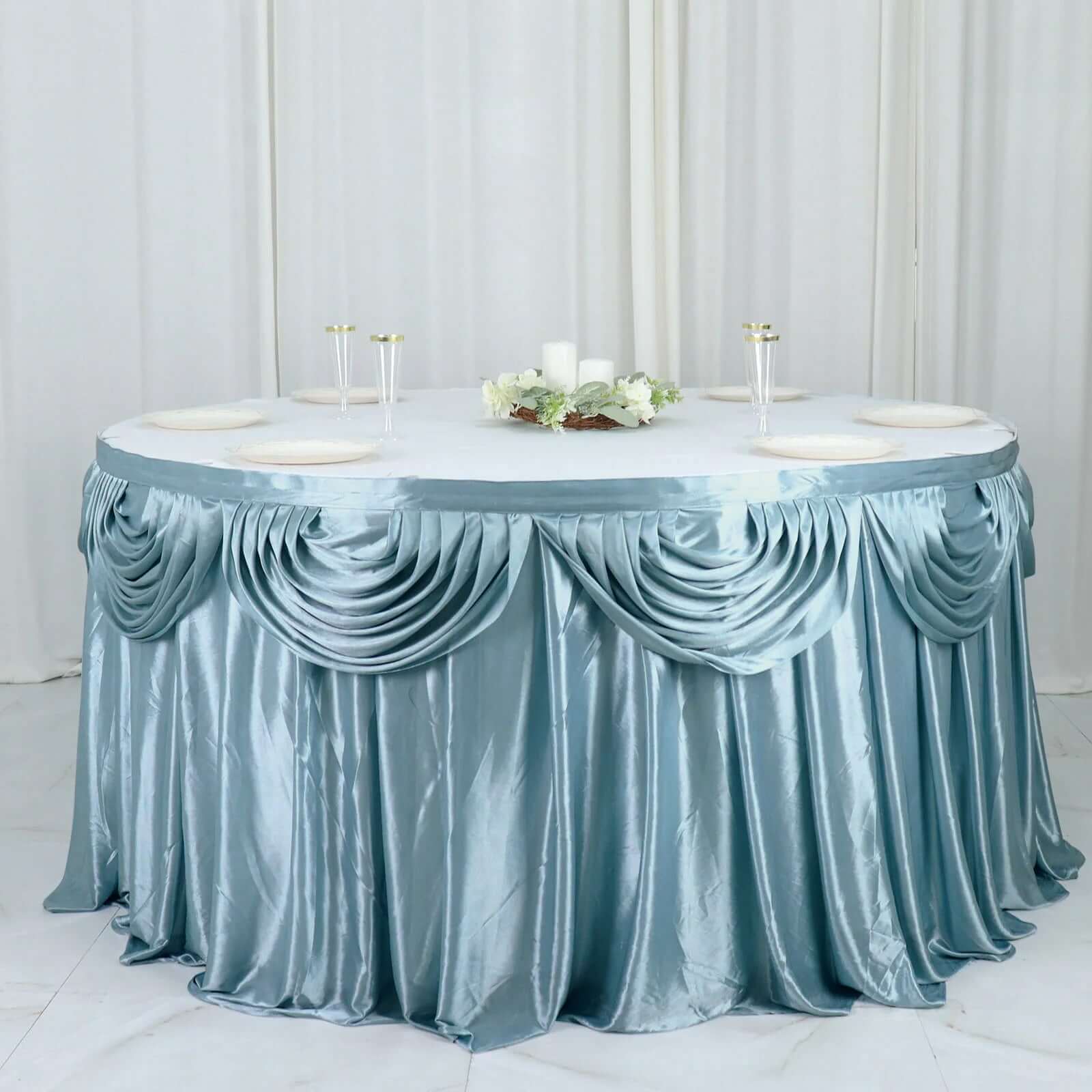 Satin 14ft Table Skirt Dusty Blue - Pleated Double Drape Table Cover