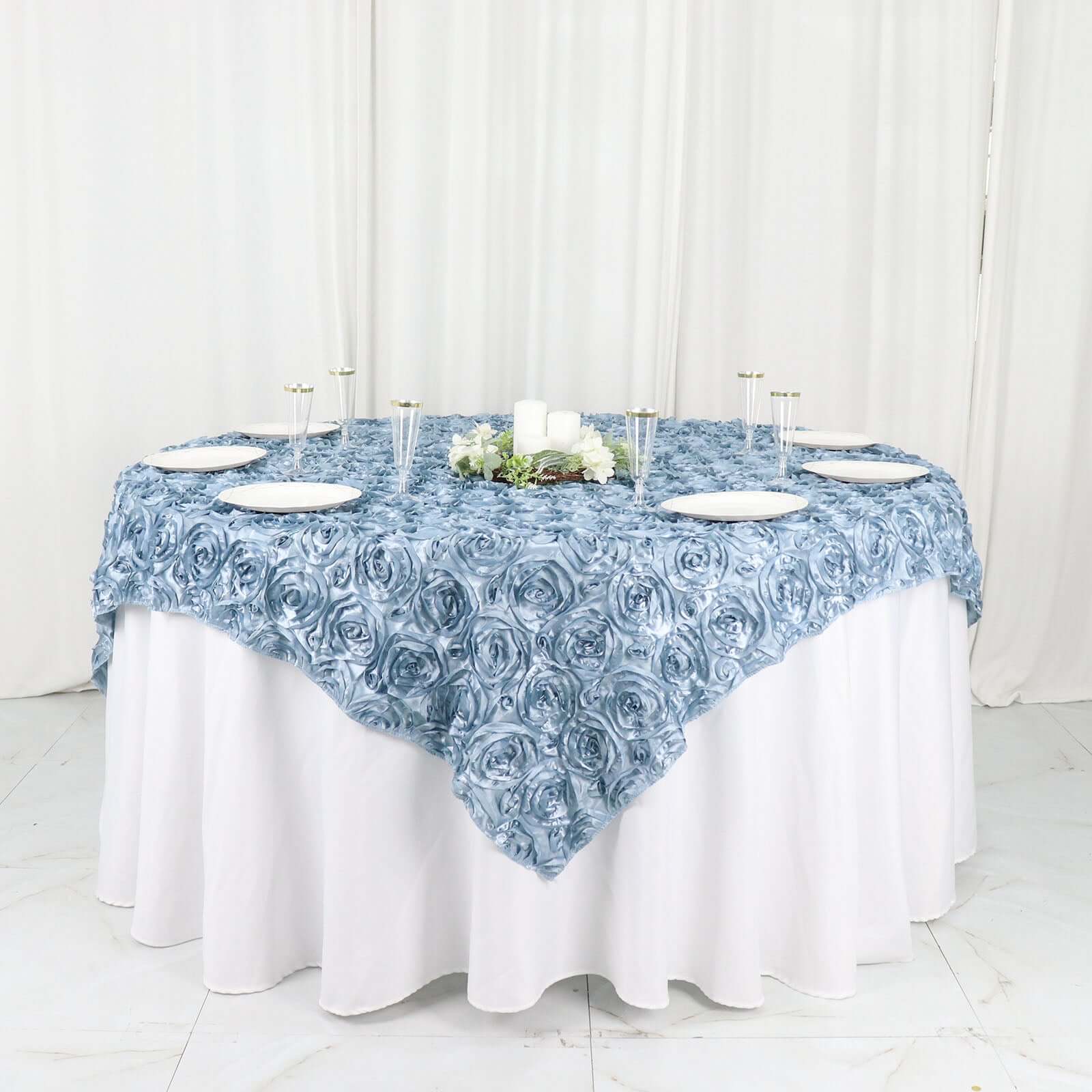Satin 72"x72" Table Overlay Square Tablecloth Dusty Blue - 3D Rosette Table Cover