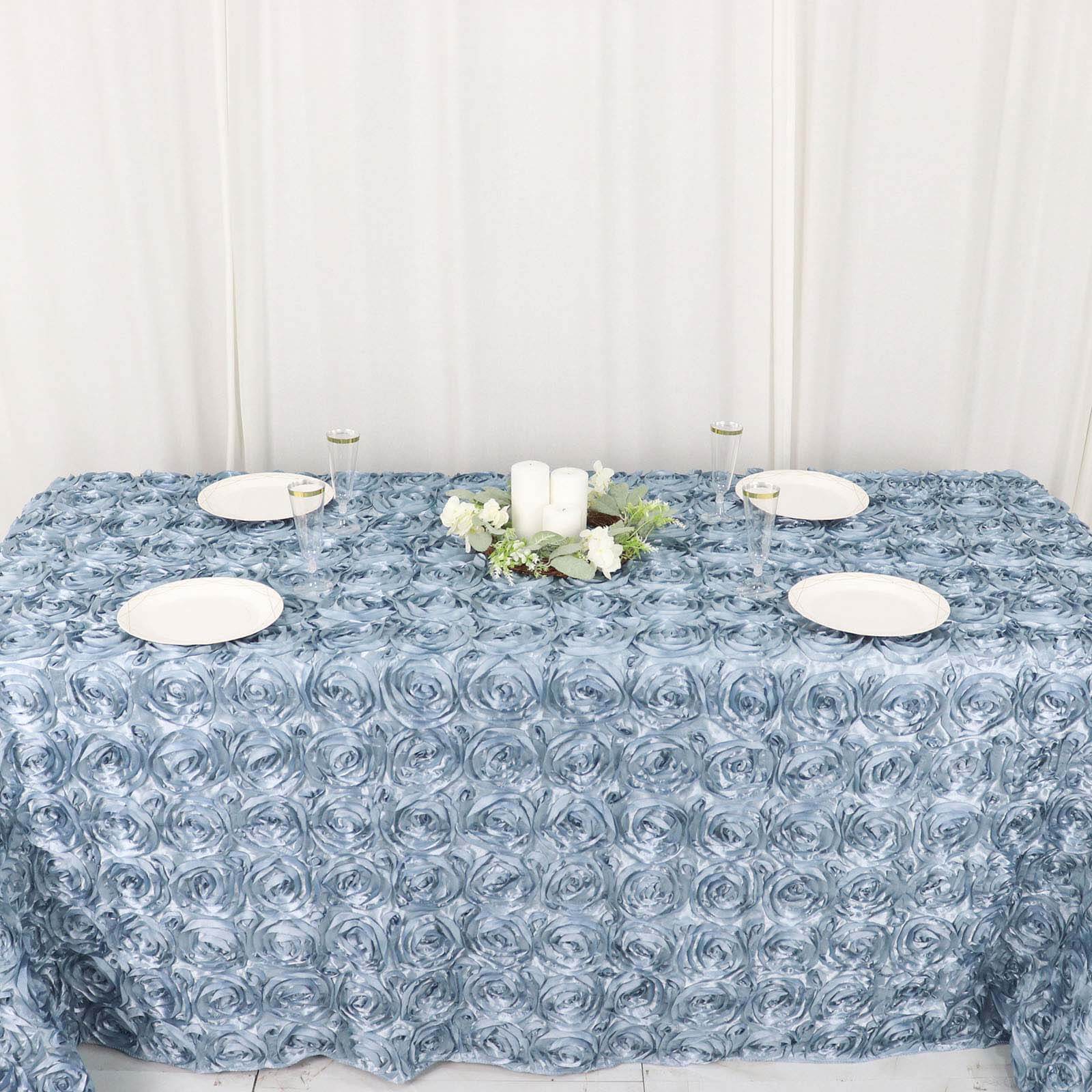 Satin 90"x132" Rectangle Tablecloth Dusty Blue - Grandiose 3D Rosette Seamless Table Cover