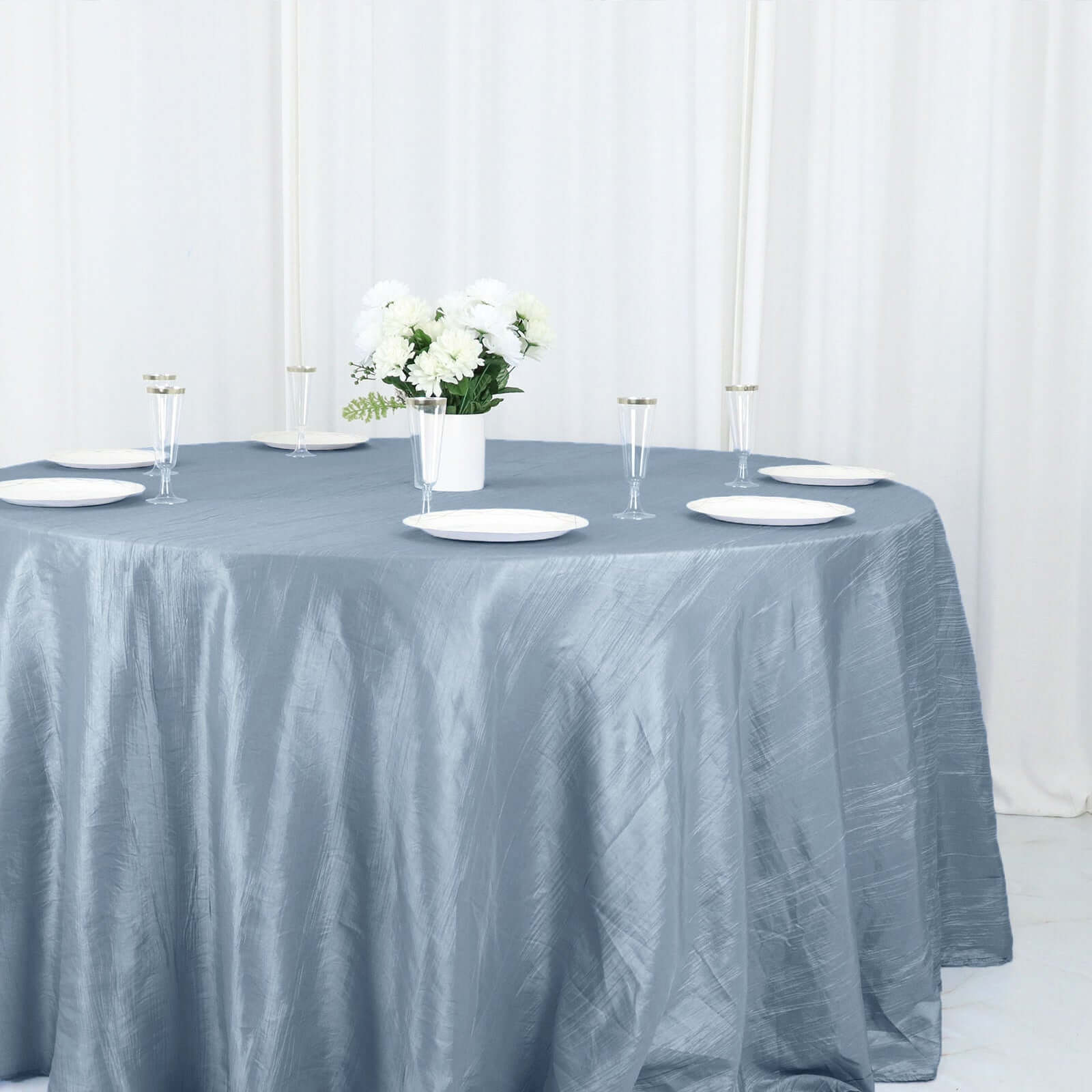 Taffeta 132" Round Tablecloth Dusty Blue - Seamless Accordion Crinkle Table Cover