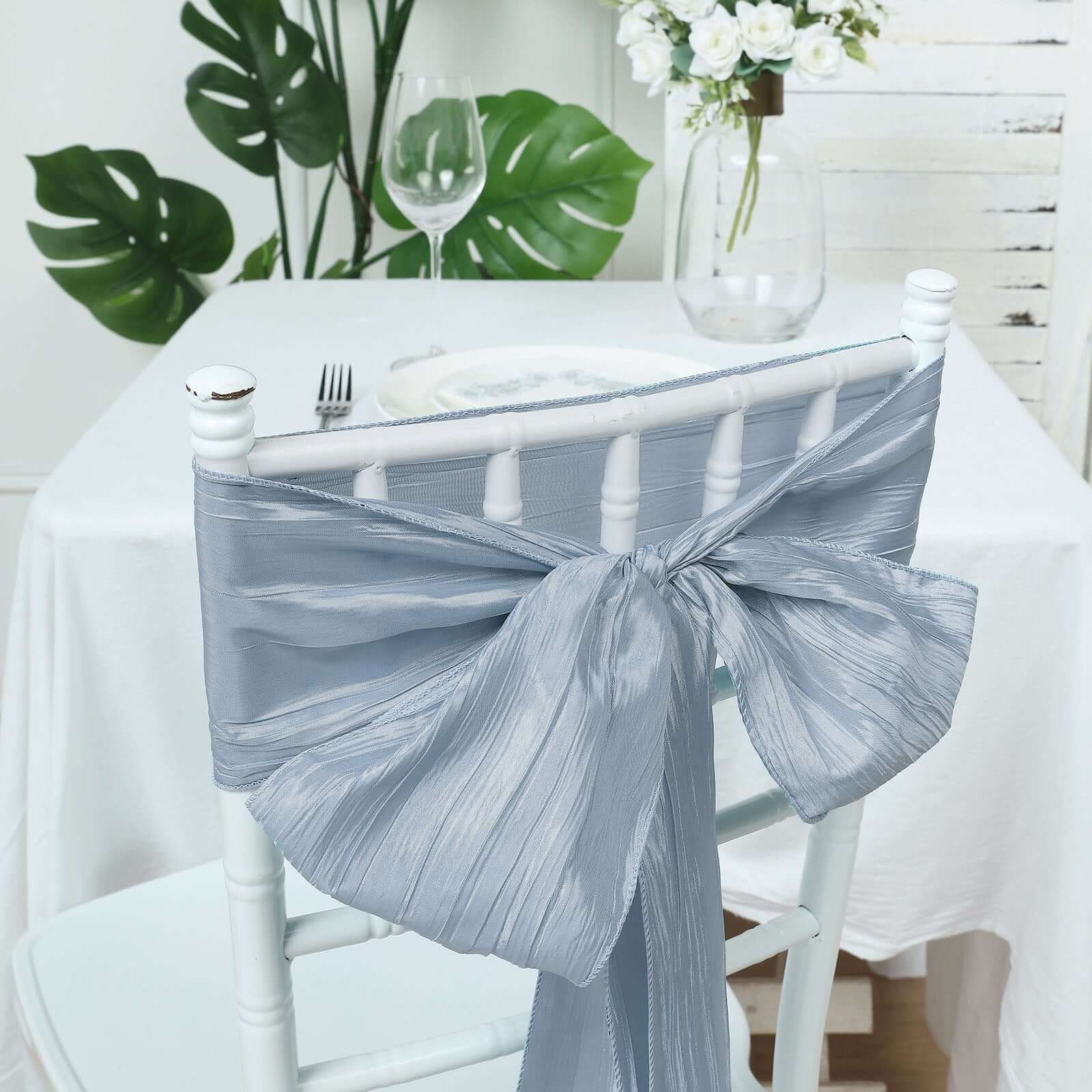 5 Pack Taffeta 6"x106" Chair Sashes Dusty Blue Accordion Crinkle Texture - Stylish Decor for Weddings & Gatherings