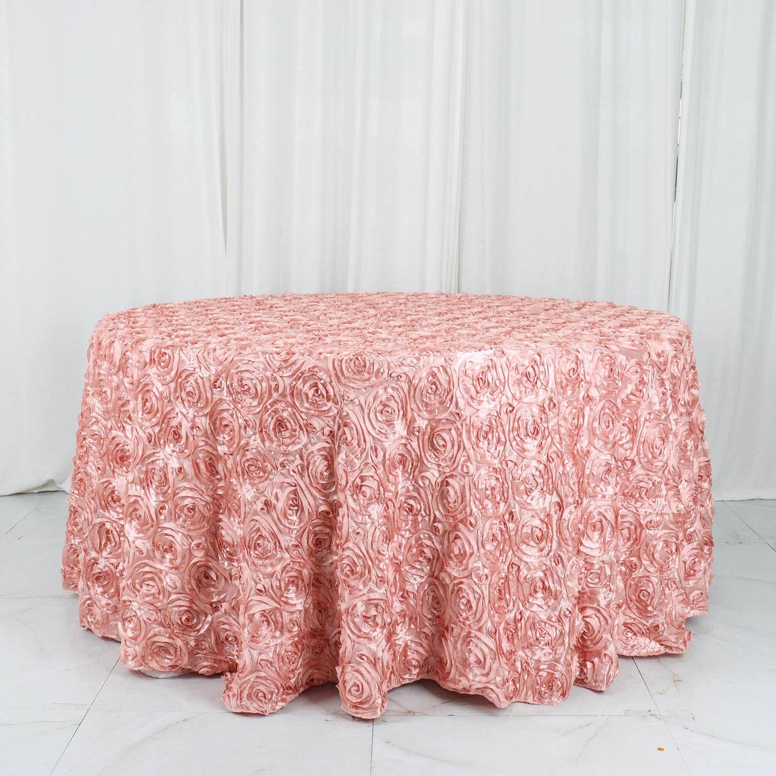 Satin 120" Round Tablecloth Dusty Rose - Grandiose 3D Rosette with Seamless Finish Table Cover