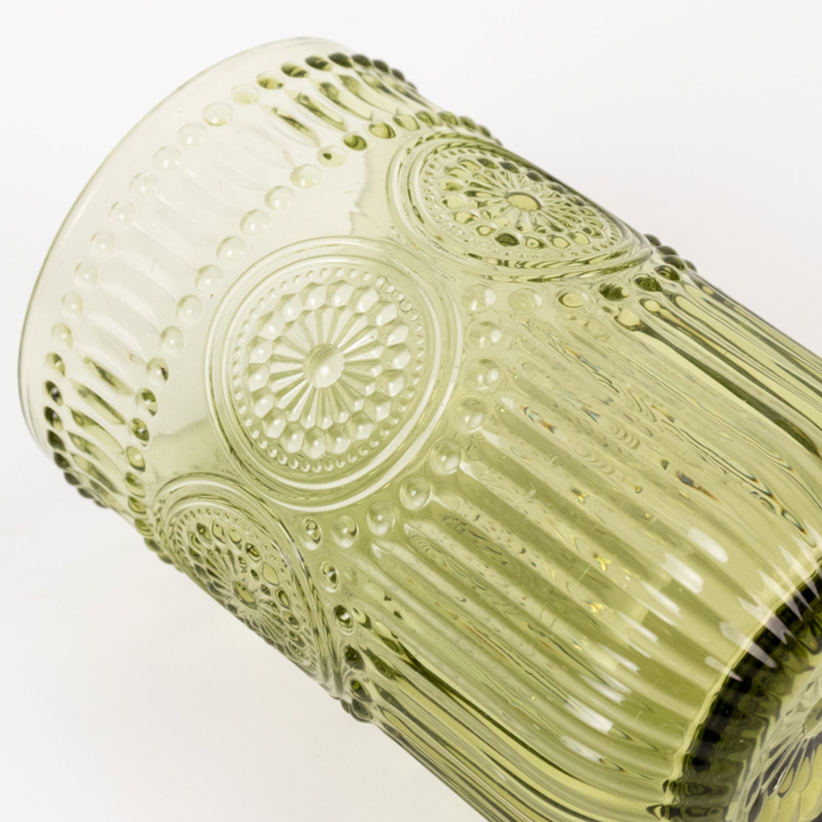 6-Pack Glass Tumblers Dusty Sage Green Vintage Embossed Design with Textured Floral Pattern - Highball Glasses for Drinks & Parties 14oz