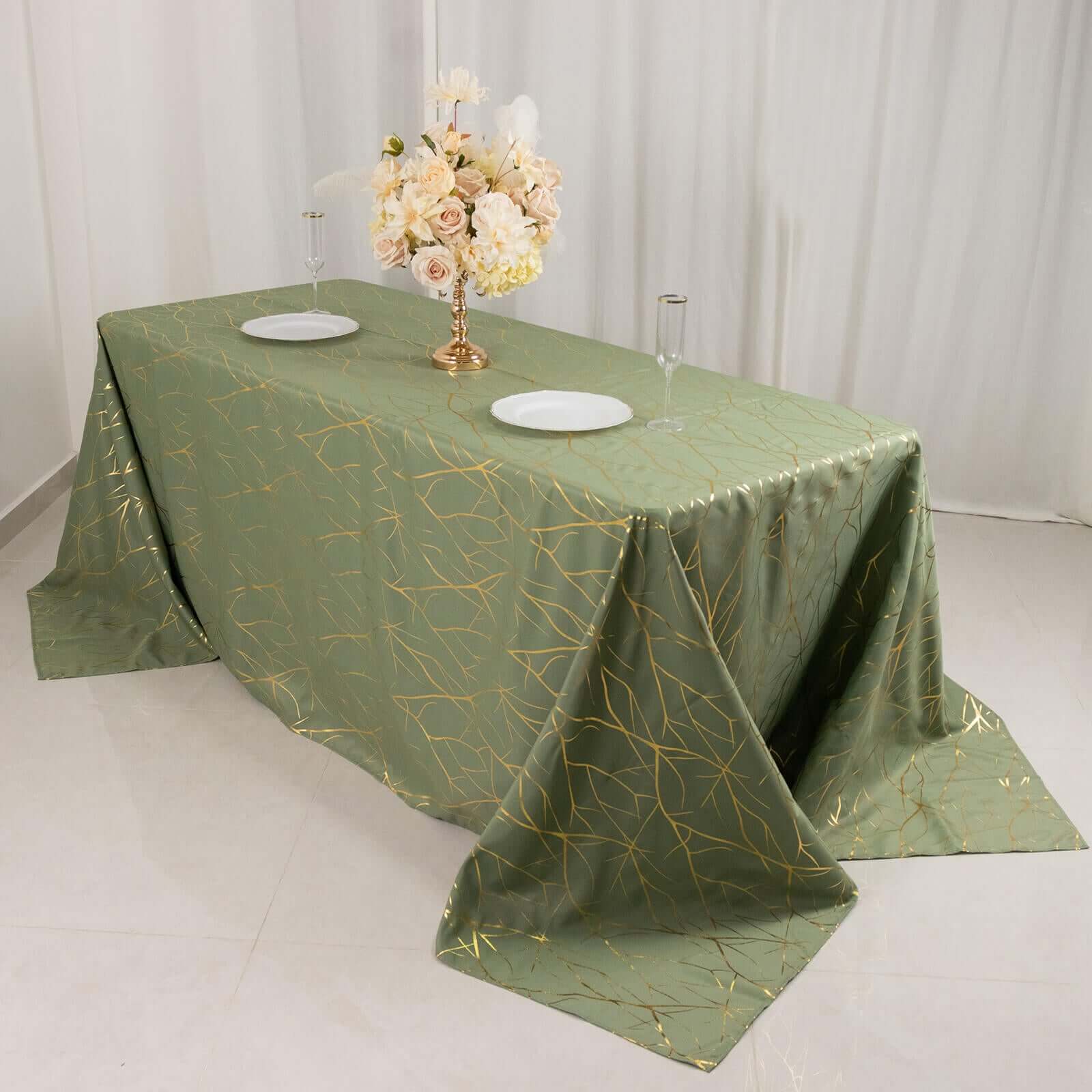 Polyester 90"x132" Rectangle Tablecloth Dusty Sage Green with Gold Foil Tree Branch Pattern - Wrinkle-Resistant Seamless Table Cover