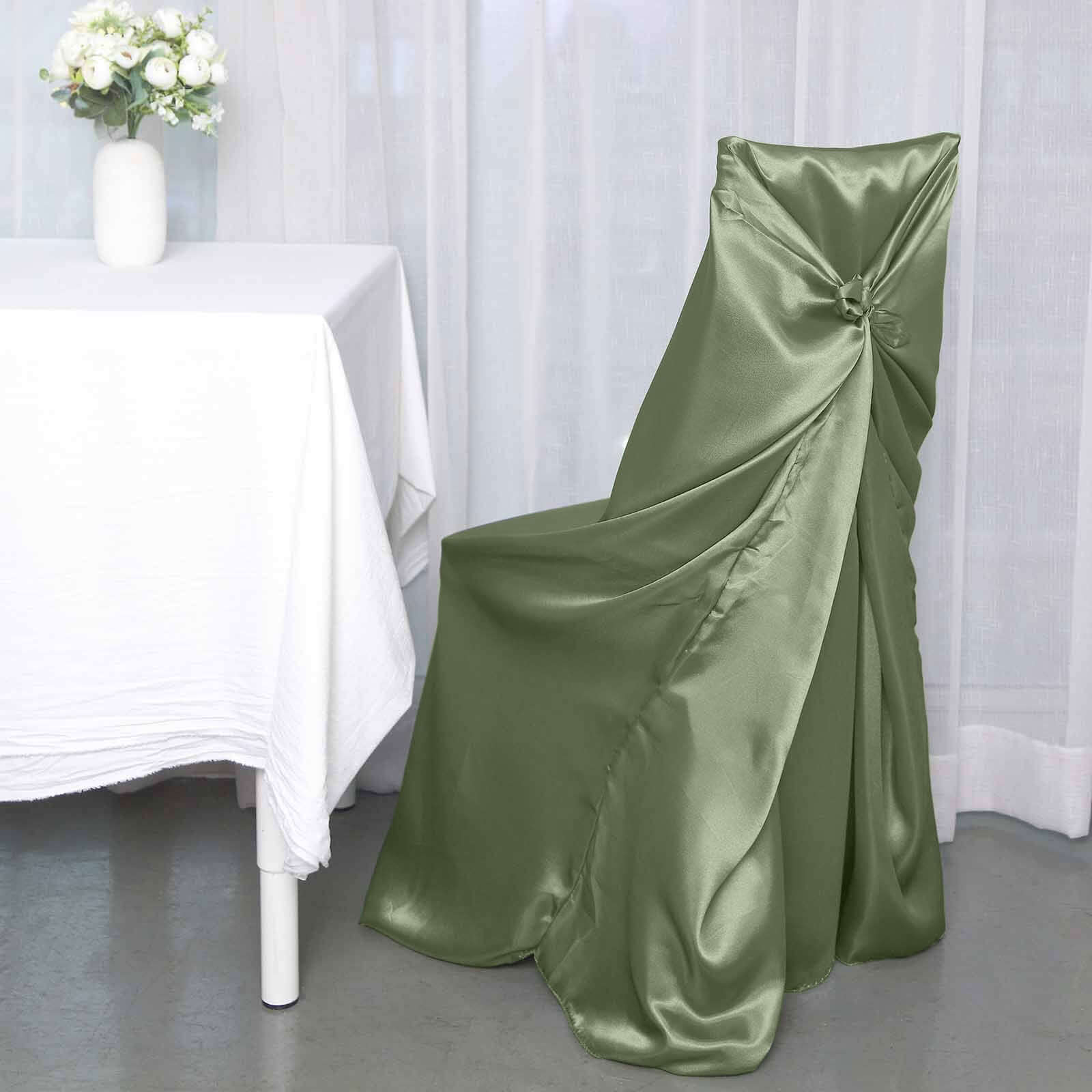 Satin Chair Cover Self-Tie Universal Design Dusty Sage Green - Durable Slip-On Cover for Folding, Dining, Banquet & Standard Chairs