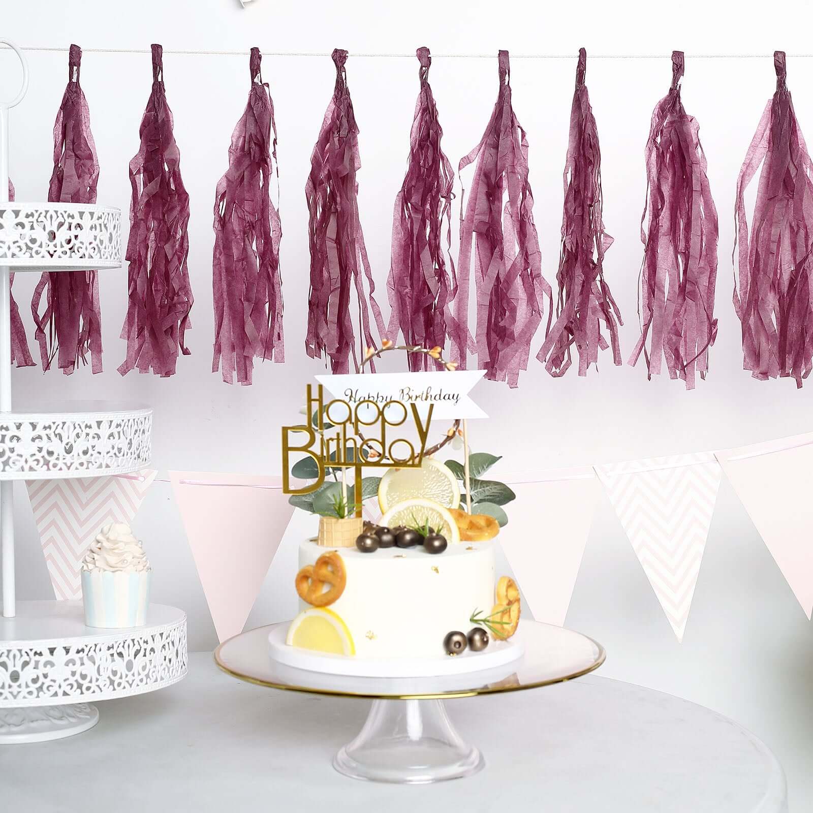 12 Pack Pre-Tied Eggplant Tissue Paper Tassel Garland With String, Hanging Fringe Party Streamer Backdrop Decor