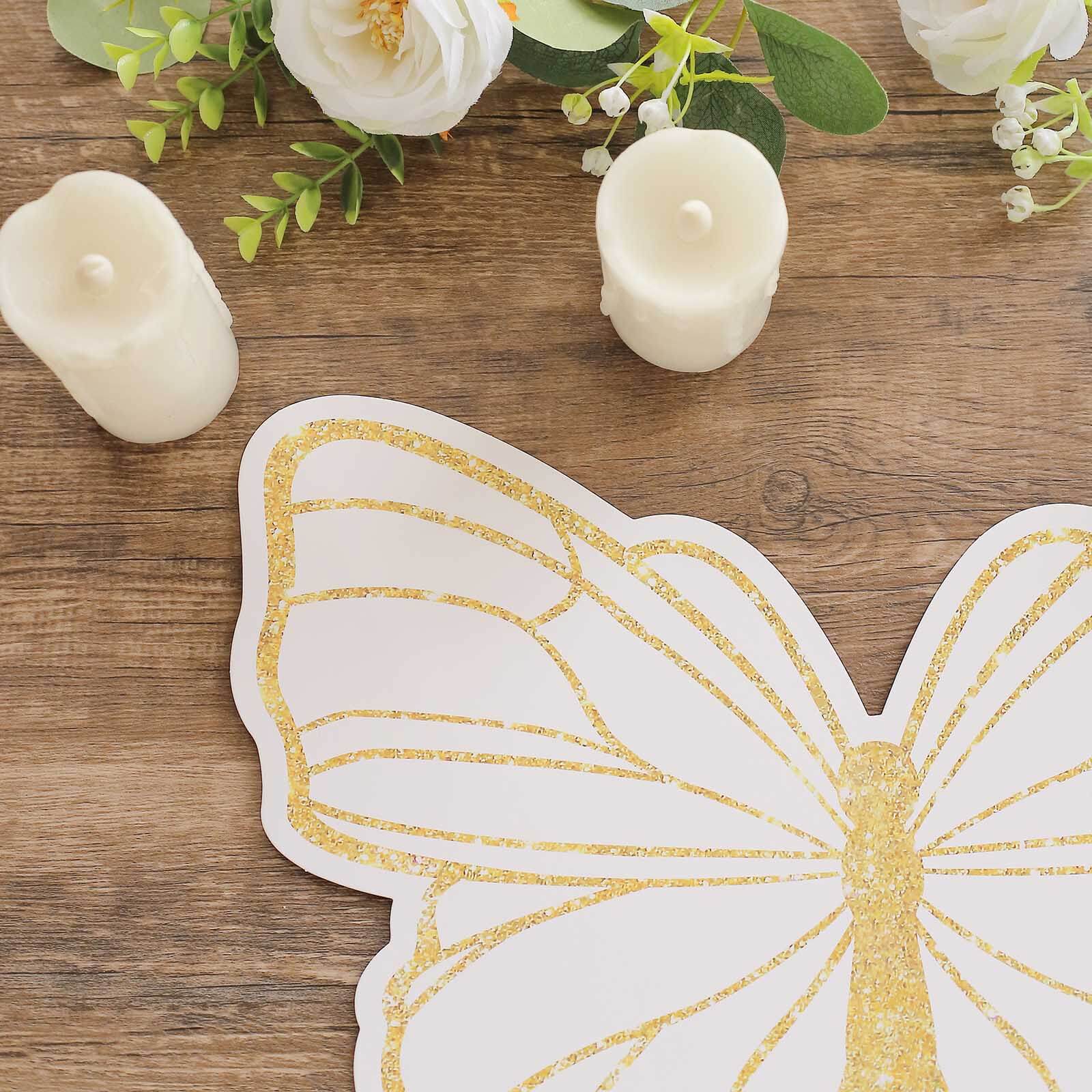 10-Pack Disposable Table Placemats with White Butterfly Design & Gold Glitters - 400GSM Cardboard Placemats for Kids' Parties, Baby Showers & Celebrations 14"