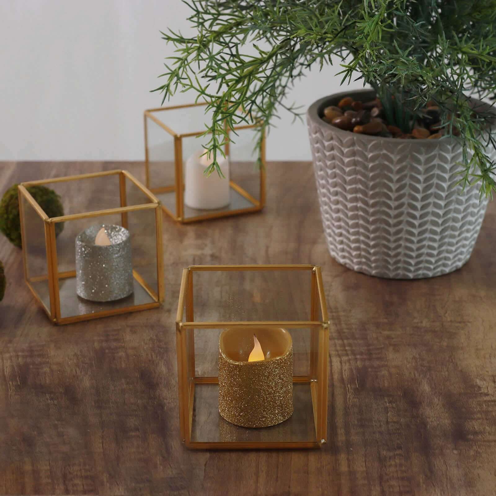 3-Pack Glass Tealight Votive Candle Holders Square Cube Design Clear with Gold Metal Frame - Stackable 3"