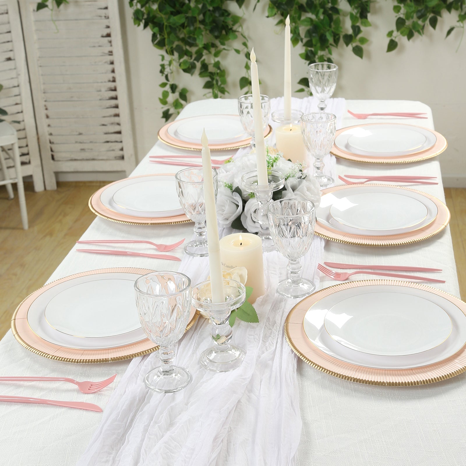 25-Pack Disposable Round Charger Plates in Blush Sunray Design with Gold Rim - 350GSM Heavy Duty Paper Chargers 13"