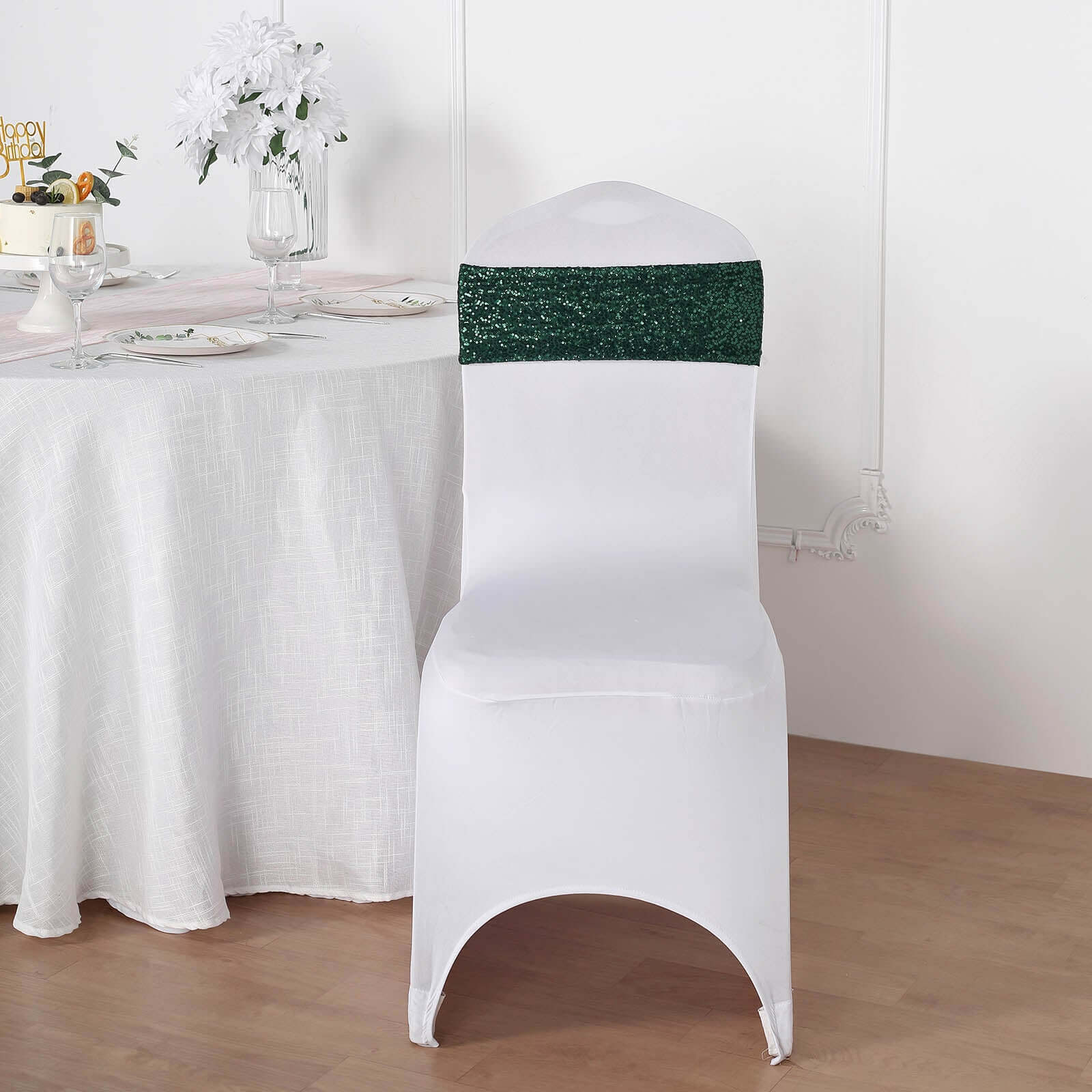 5 Pack Sequin Spandex Chair Sashes Hunter Emerald Green - Stretch Chair Bands 6"x15"