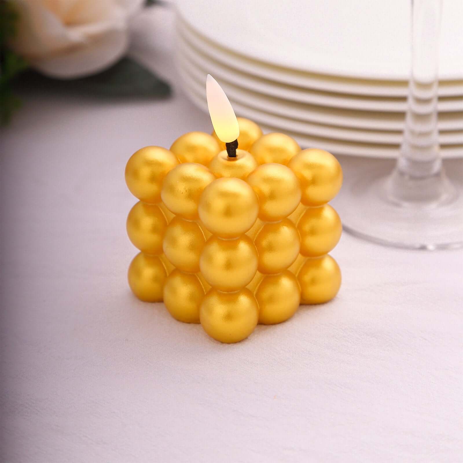 2-Pack LED Flameless Cube Candles Mini Bubble Metallic Gold - Battery Operated 2"