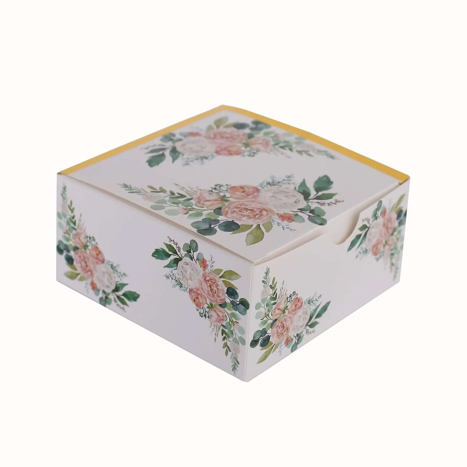 25 Pack White Pink Peony Flowers Print Paper Favor Boxes with Gold Edge, Cardstock Party Shower Candy Gift Boxes - 4"x4"x2"
