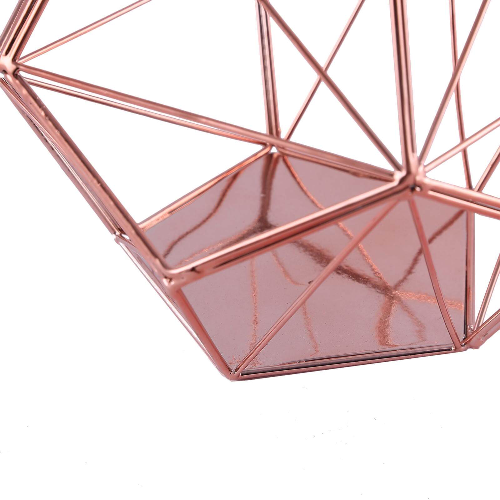 Tealight Candle Holder Rose Gold Metal Pentagon Prism Geometric Open Frame - Flower Stand 7"