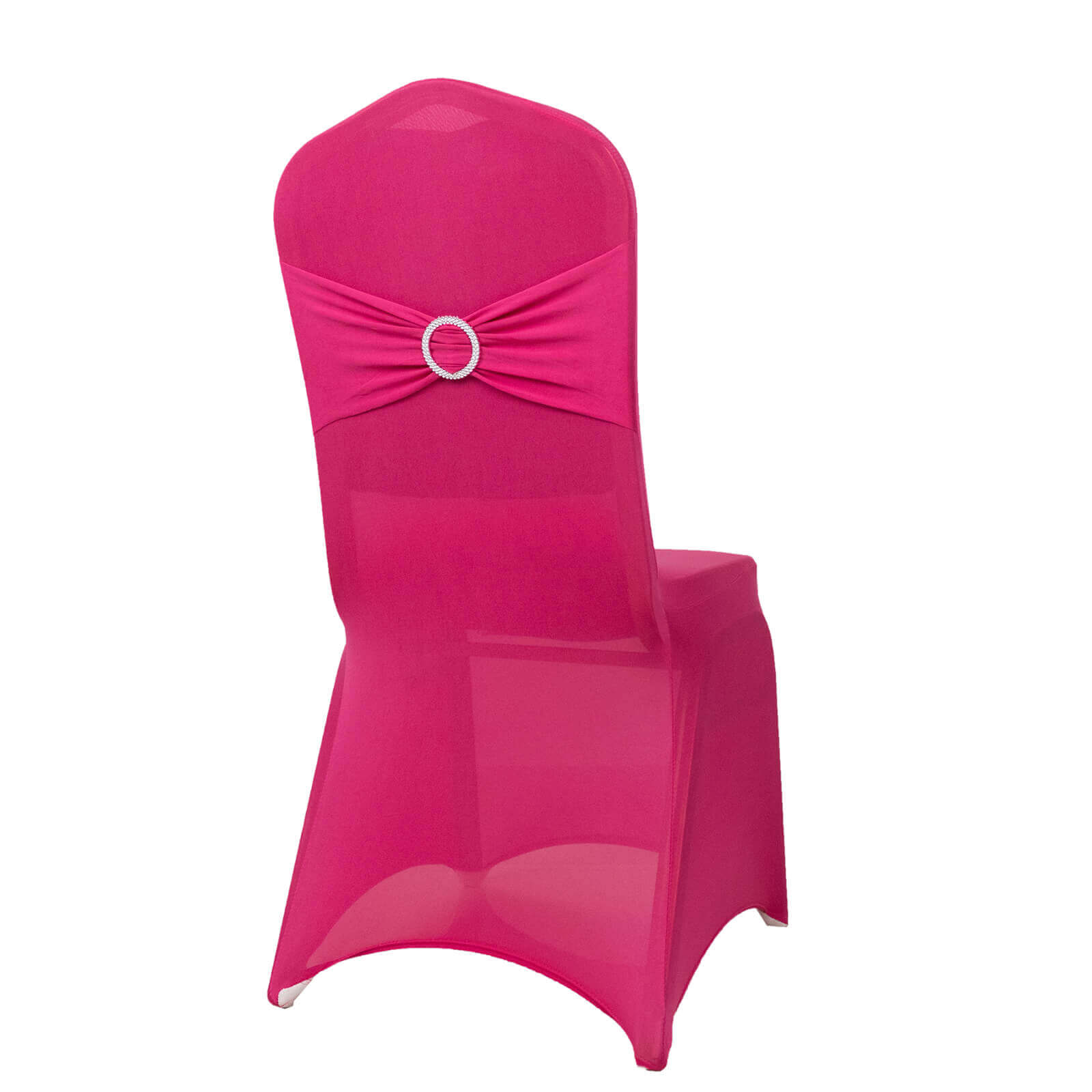 Spandex Chair Cover with Silver Rhinestone Buckled Sash Band Fuchsia - Stretch Fitted Slipcover