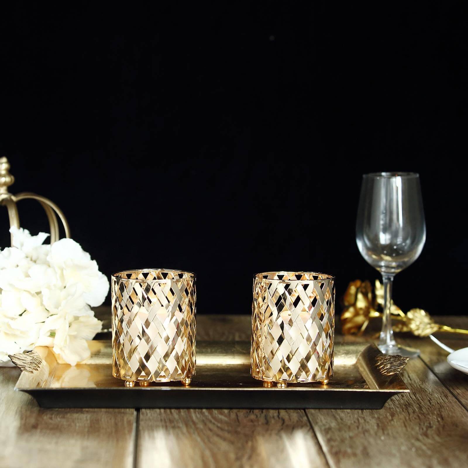 2-Pack Votive Candle Holders Gold Metal Diamond Cut Geometric Design - Perfect for Home Décor and Events 4"