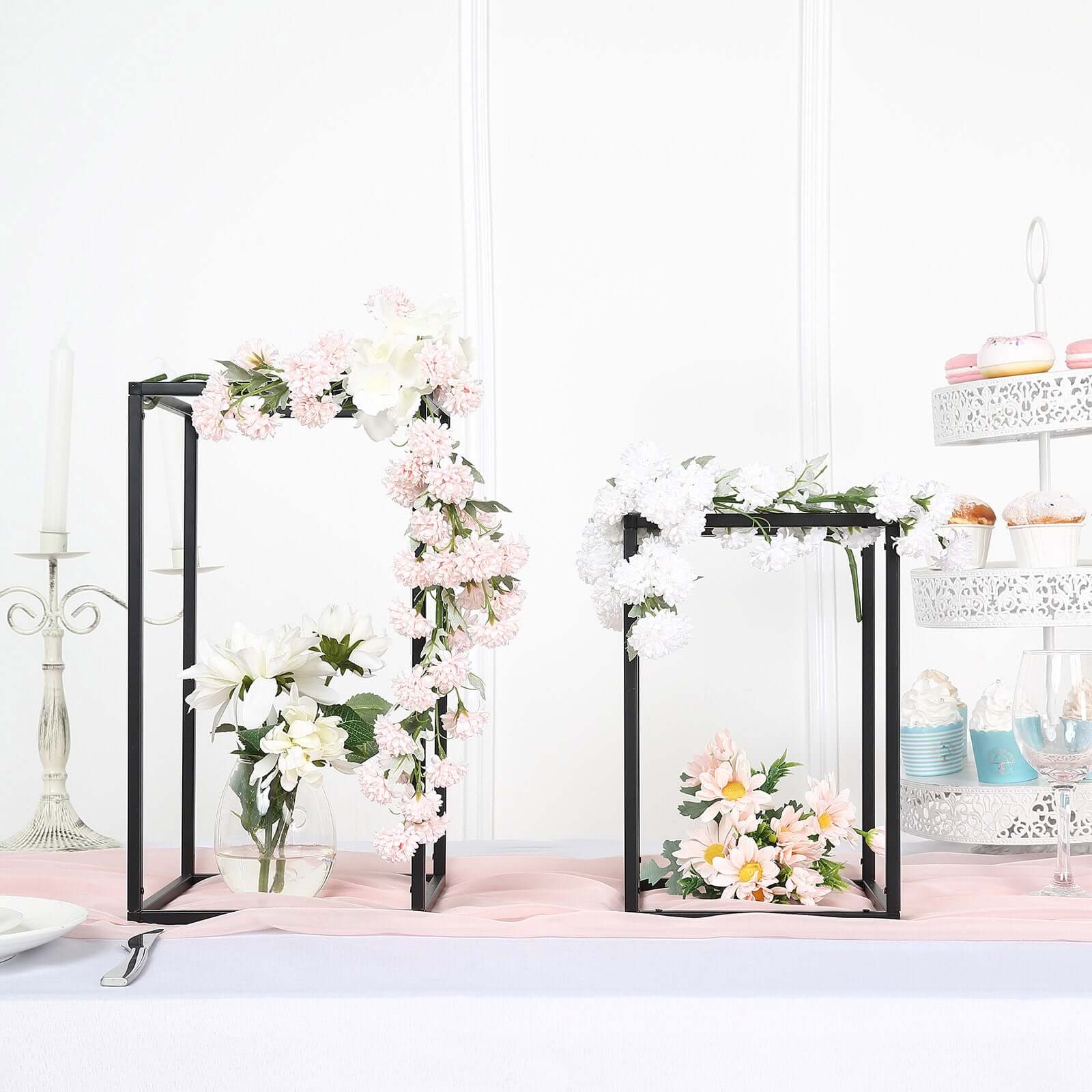 2-Pack Wedding Flower Stand Matte Black Metal Geometric Column Frame Rectangular - Versatile Floral Pedestal for Sophisticated Arrangements 12"