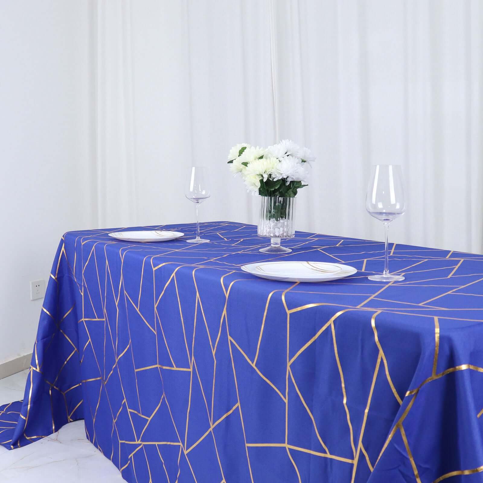 Polyester 90"x132" Rectangle Tablecloth Royal Blue with Gold Foil Geometric Pattern - Wrinkle-Resistant Seamless Table Cover