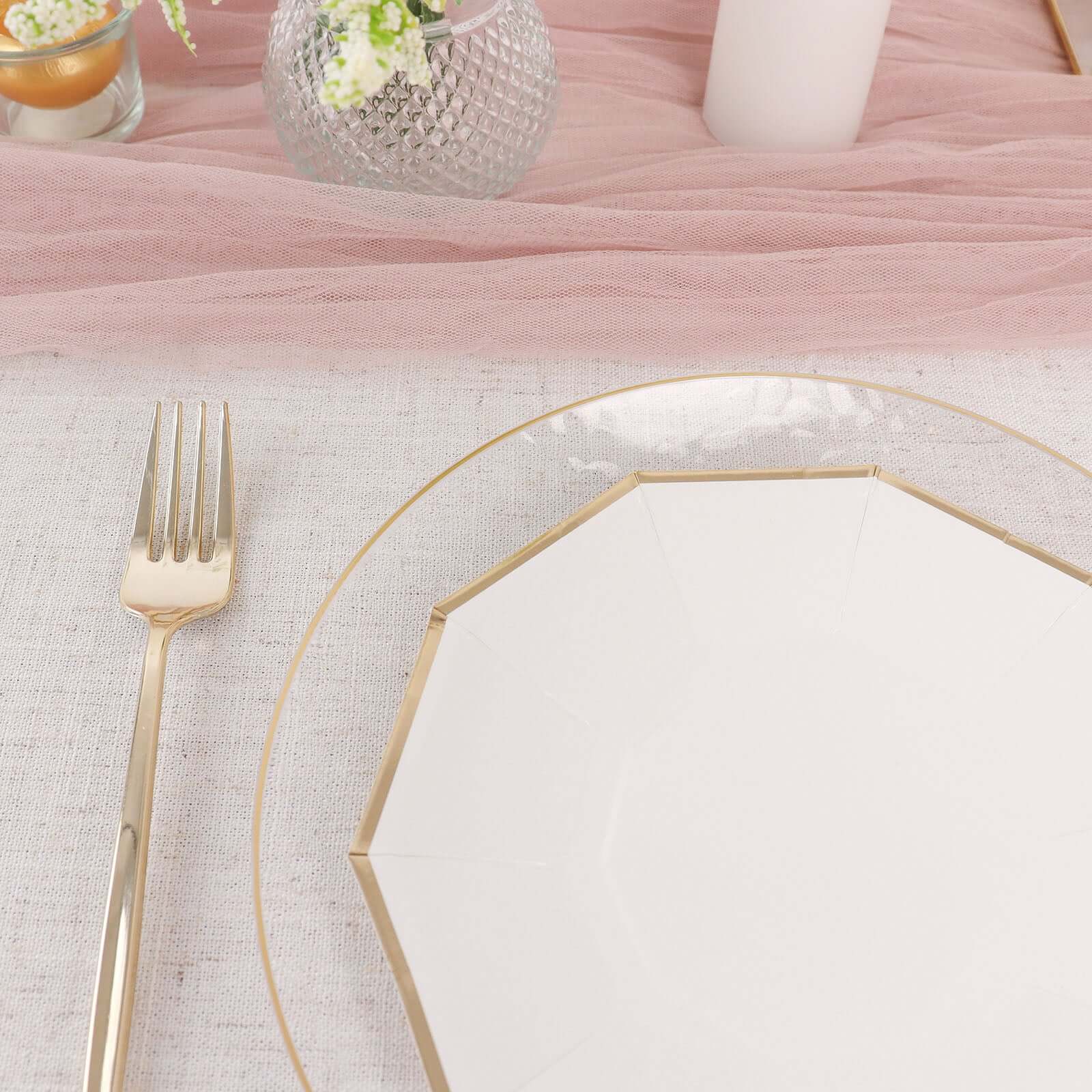 25-Pack Paper 7" Decagon Appetizer Plates in White with Gold Foil Rim - Stylish Geometric Dessert/Salad Plates for Cocktail Parties & Receptions