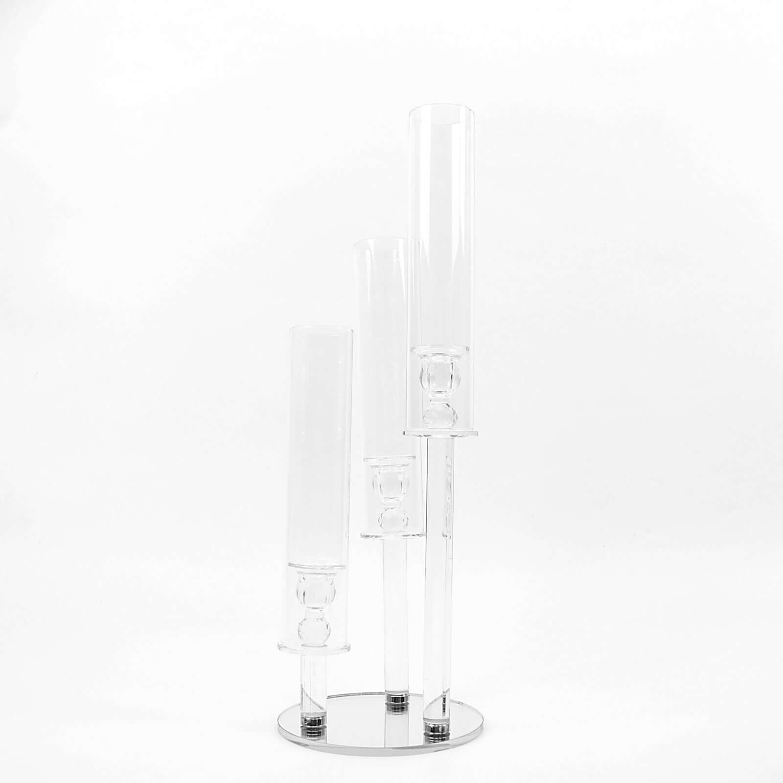 3-Arm Round Crystal Glass Candelabra Clear Taper Design - Sophisticated Pillar Candle Holder Table Centerpiece for Weddings 23"