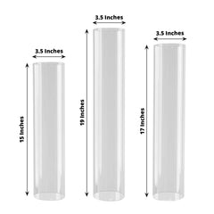 Set of 3 Clear Glass Hurricane Candle Sleeves 3.5" Wide - Chic Pillar Candle Shades Holder Table Centerpiece 15", 17", 19"