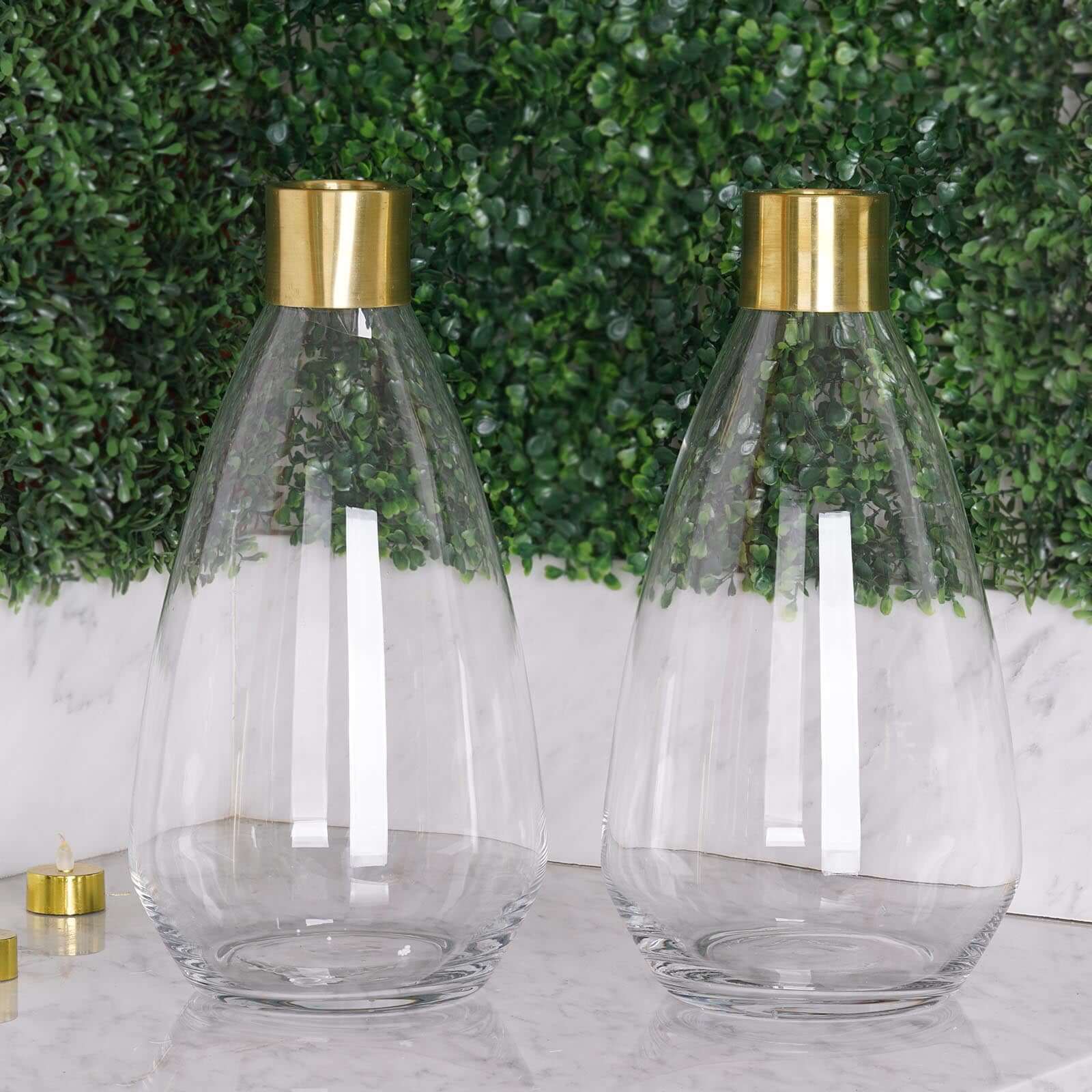 2-Pack Glass Flower Vases Teardrop Design Clear with Gold Metal Top - Stylish Event Table Centerpieces 14"