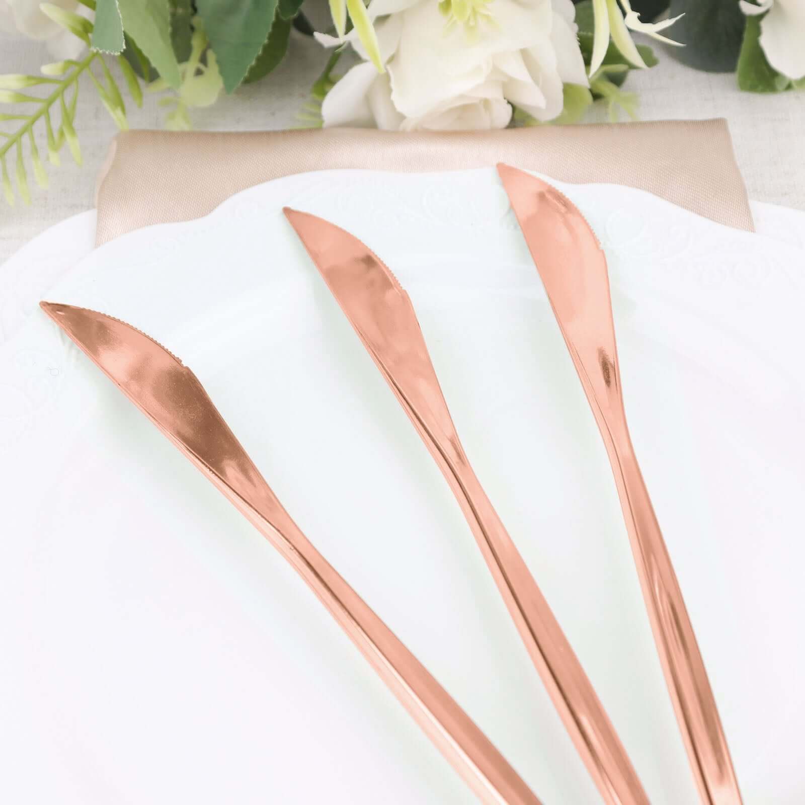 24-Pack Plastic Knives Glossy Rose Gold - Premium Heavy Duty Disposable Flatware Cutlery 8"