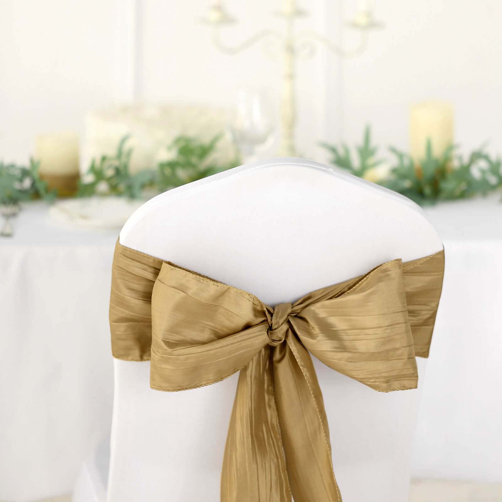 5 Pack Taffeta 6"x106" Chair Sashes Gold Accordion Crinkle Texture - Stylish Decor for Weddings & Gatherings