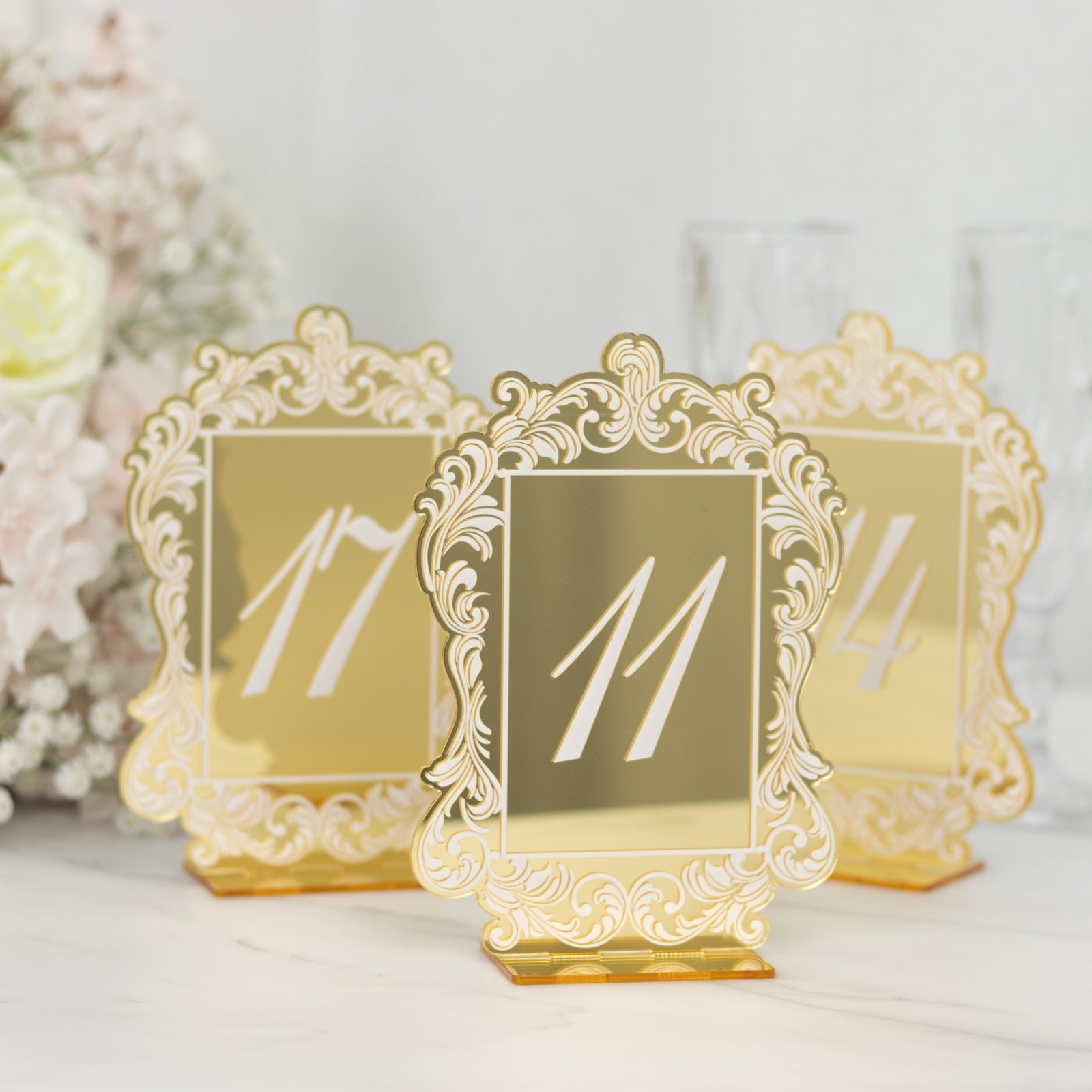 Gold Mirror Arch Acrylic Table Numbers (11-20) - 5"x7" Wedding Reception Signs with Baroque Lace Border, White Print & Stands