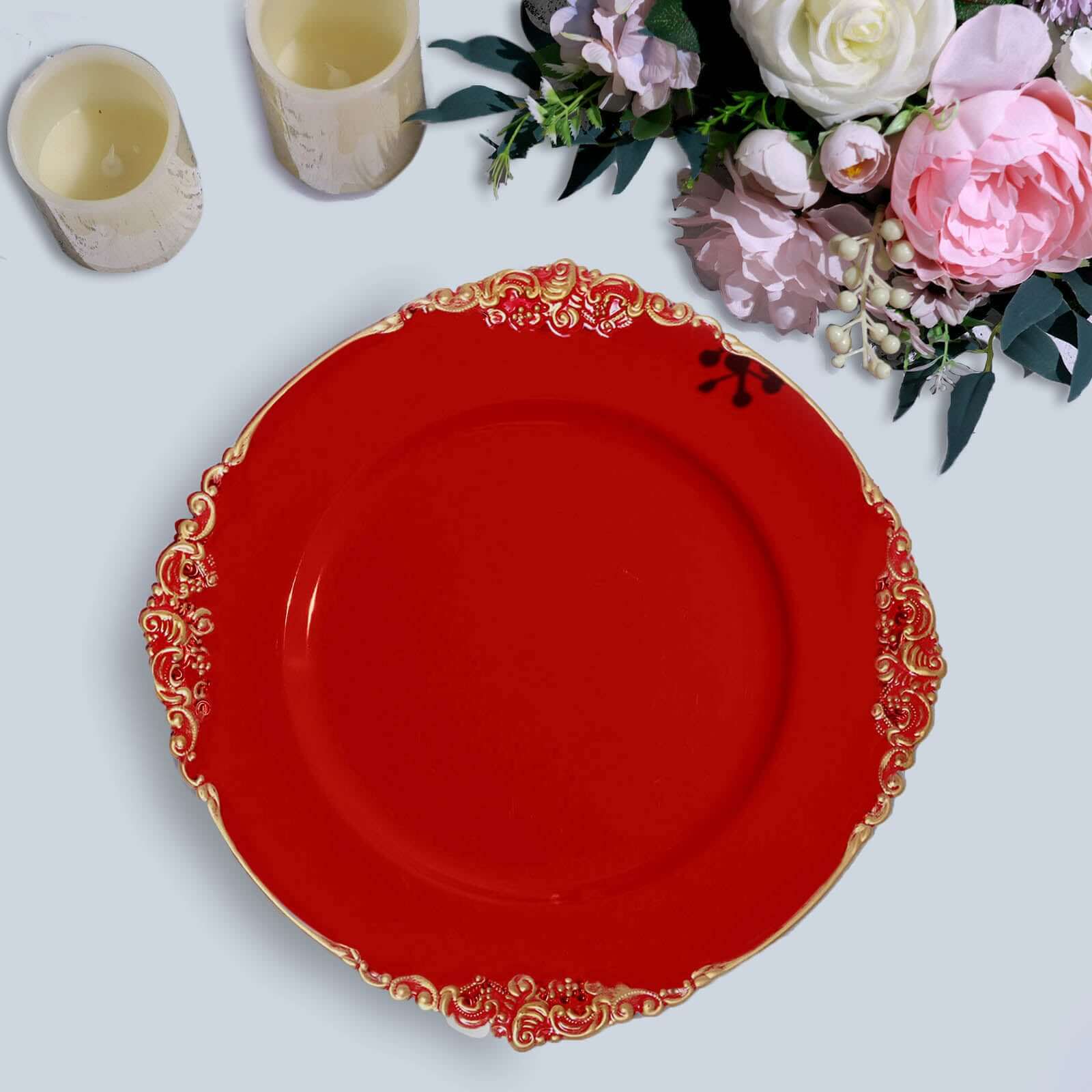 6-Pack Acrylic Round Charger Plates 13" in Red with Gold Embossed Baroque Rim, Antique Decorative Dinner Party Charger Tableware